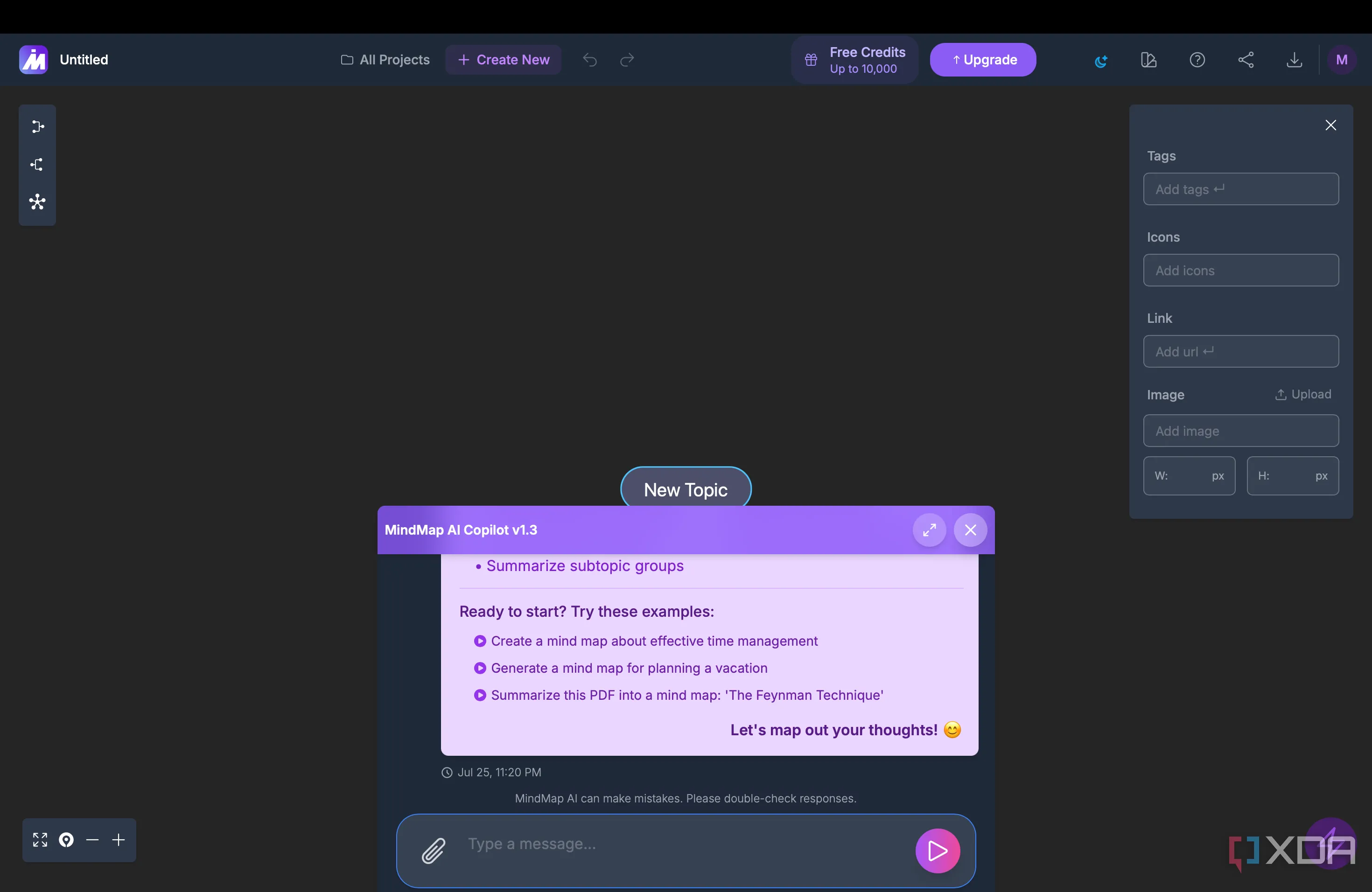 Giao diện chatbot AI Copilot của MindMap AI, hiển thị cửa sổ trò chuyện và các tùy chọn tạo bản đồ tư duy.