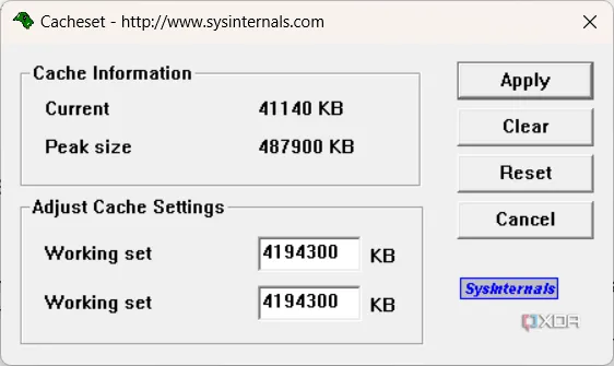 Giao diện chính của công cụ CacheSet trong SysInternals, hiển thị các tùy chọn quản lý bộ đệm hệ thống