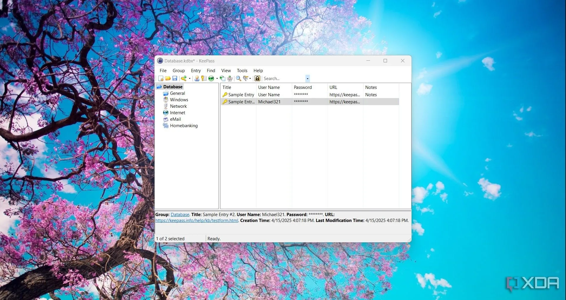 Giao diện chính của KeePass trên Windows 11 hiển thị các thư mục và mục nhập mật khẩu
