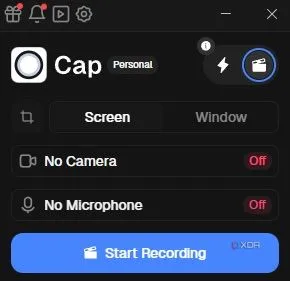 Giao diện chính của phần mềm Cap hiển thị các tùy chọn ghi màn hình và cài đặt webcam, microphone.