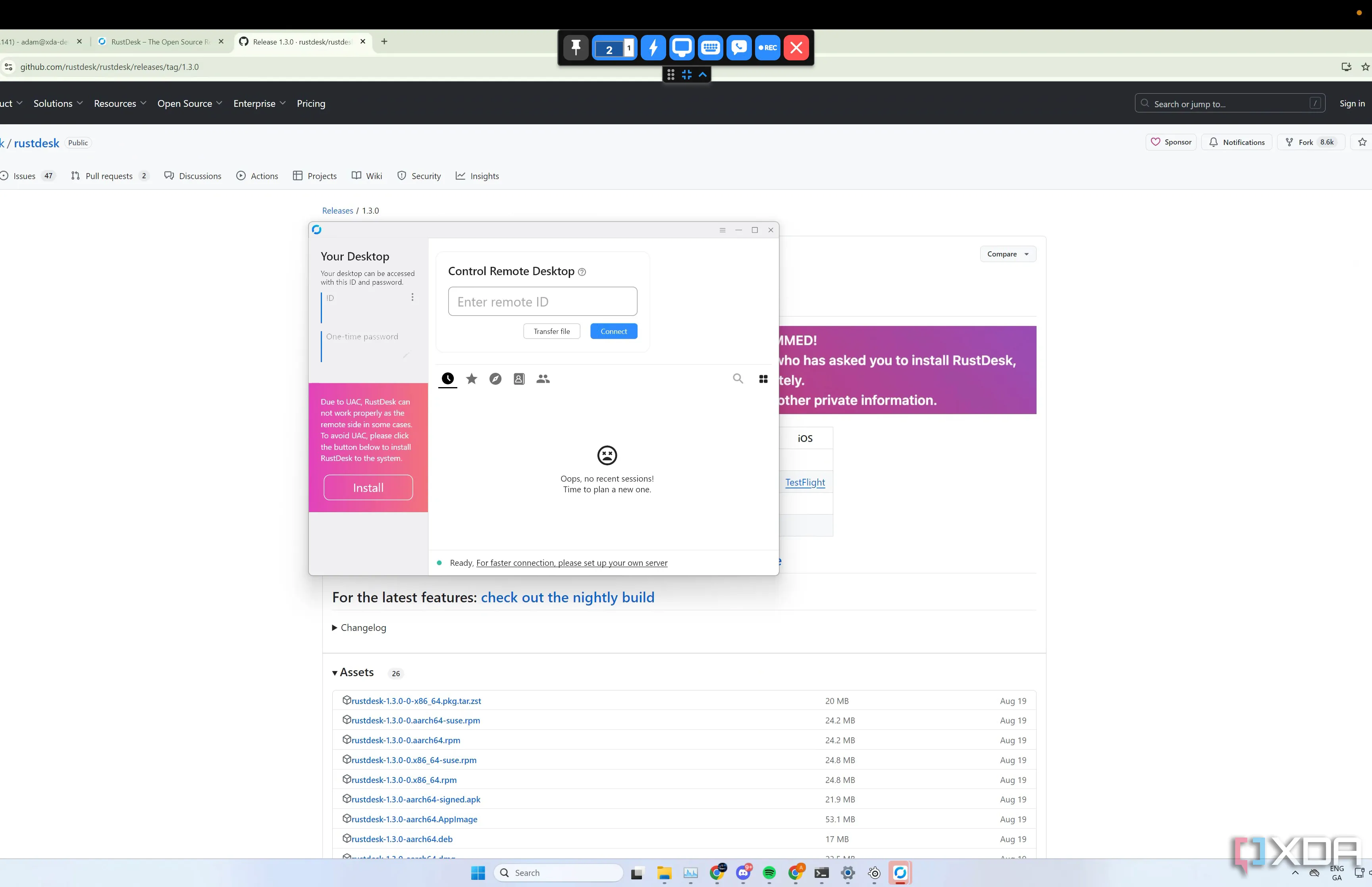 Giao diện chính của ứng dụng RustDesk trên máy tính Windows, hiển thị thông tin ID và mật khẩu để kết nối từ xa