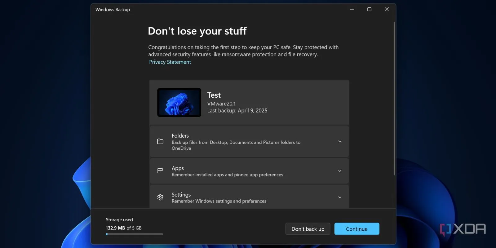 Giao diện chính của ứng dụng Windows Backup trên Windows 11, hiển thị các tùy chọn sao lưu