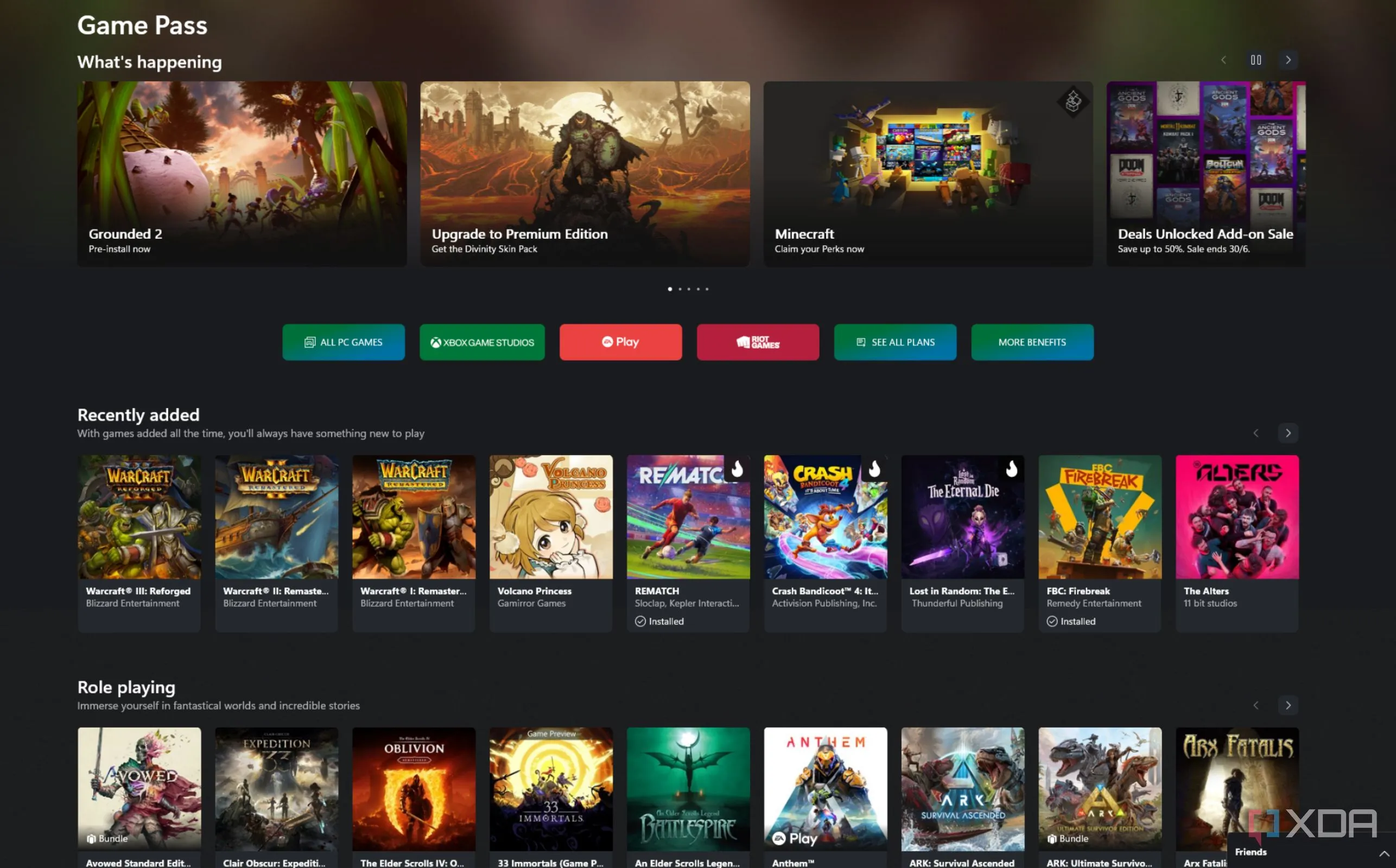 Giao diện chính của Xbox Game Pass trên PC với các tựa game nổi bật