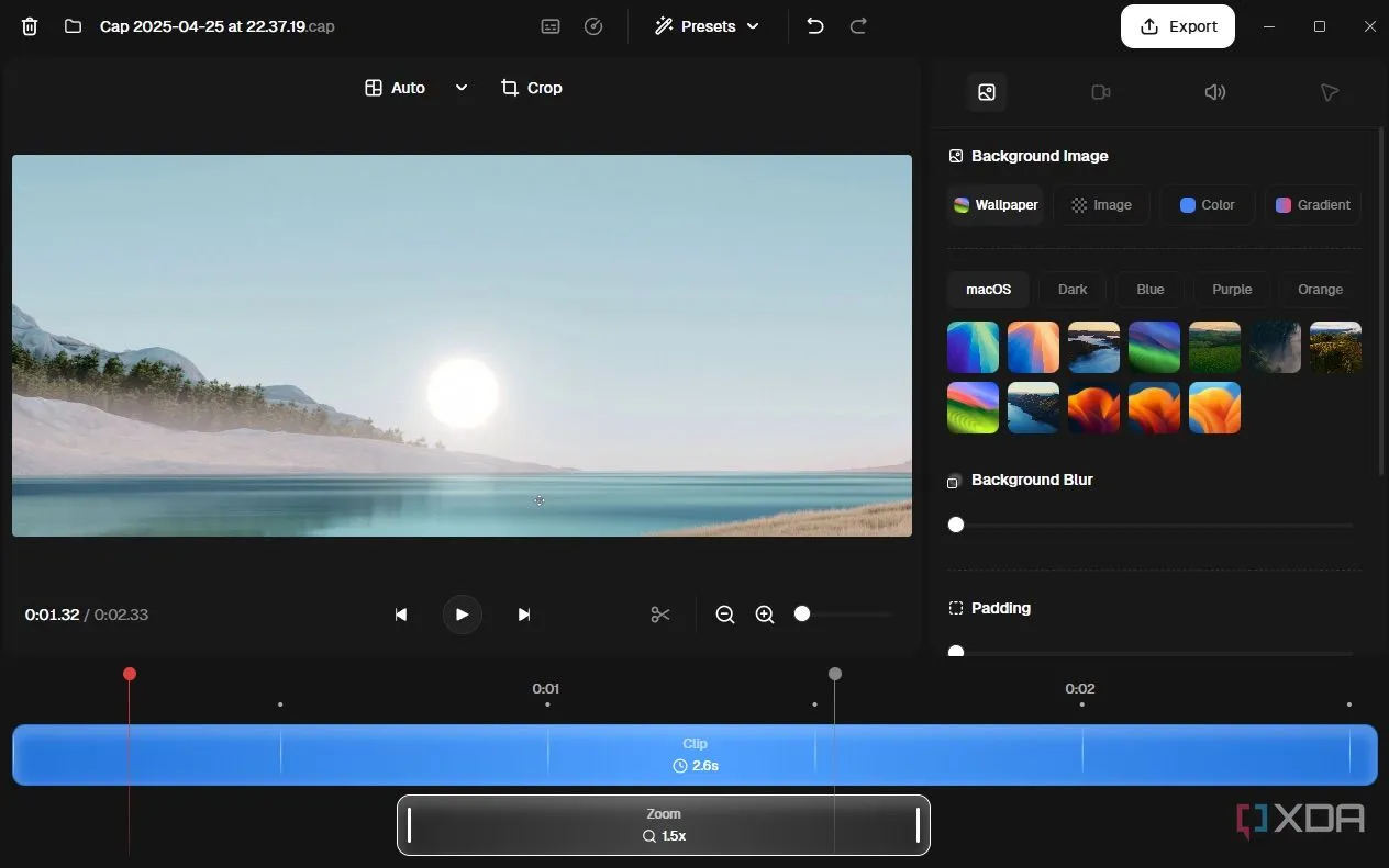 Giao diện chỉnh sửa video tích hợp trong Cap, cho phép thêm hiệu ứng phóng to vào con trỏ chuột trên màn hình đã ghi.