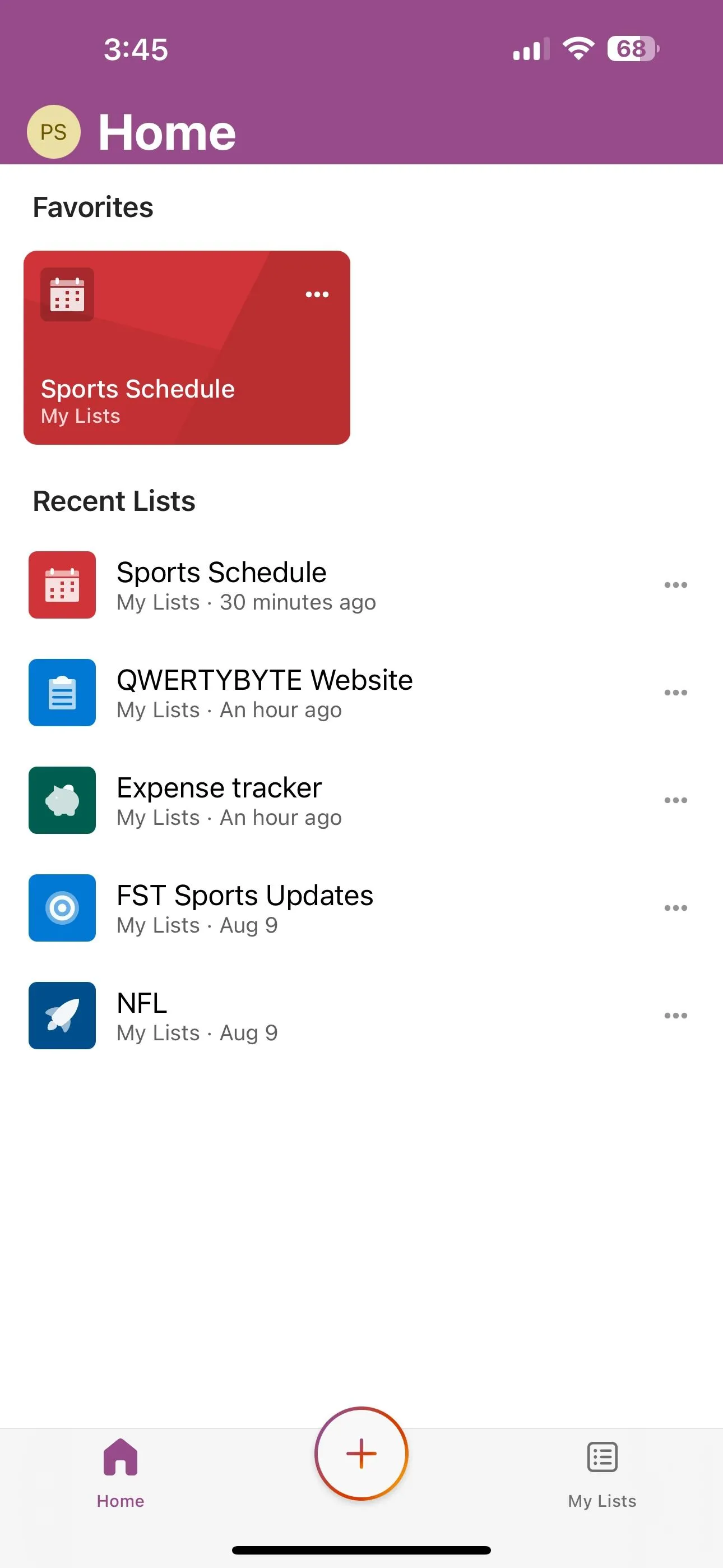 Giao diện chính ứng dụng Microsoft Lists trên iPhone