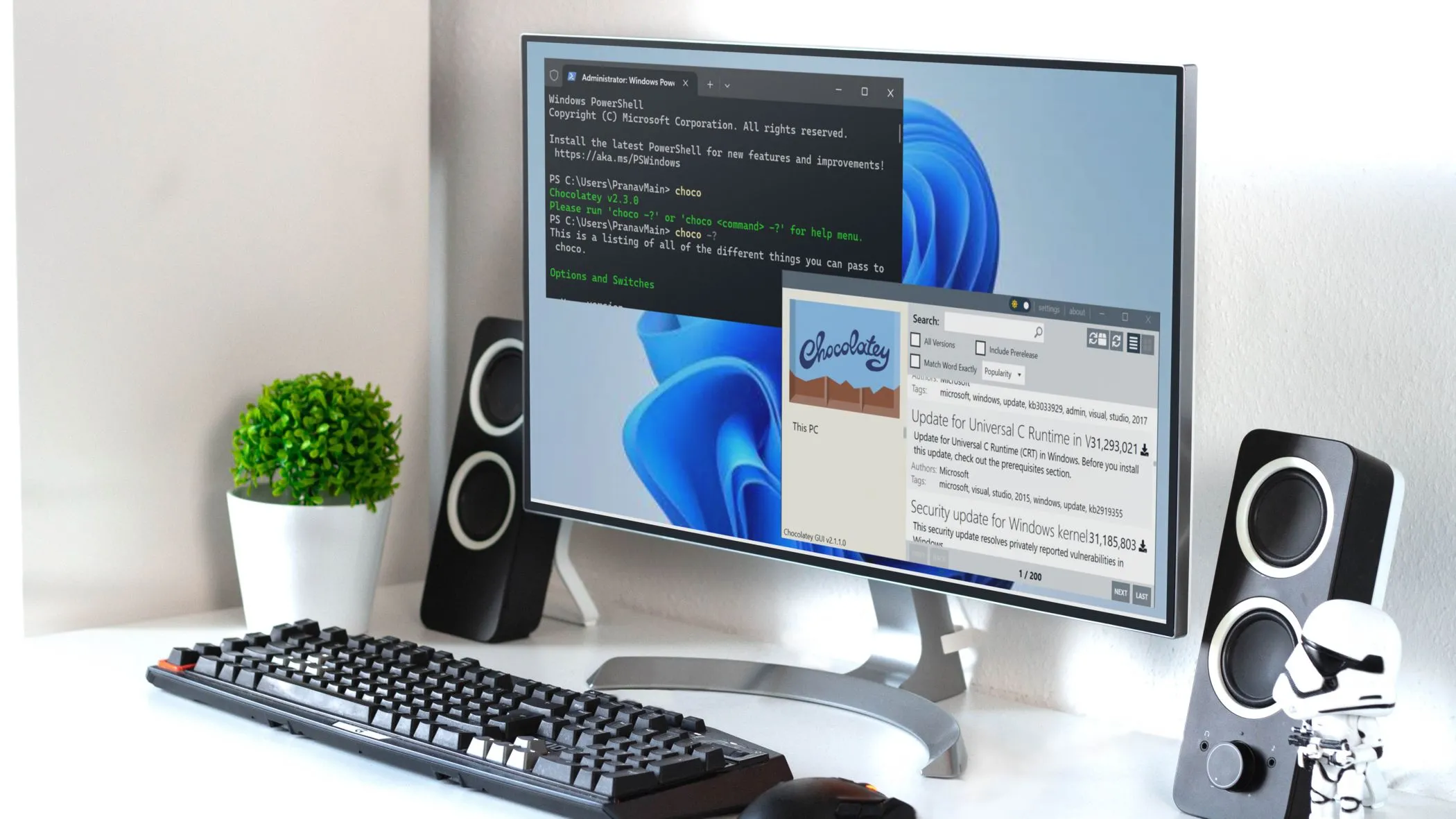 Giao diện Chocolatey GUI và cửa sổ dòng lệnh Command Line trên máy tính Windows, minh họa cách quản lý ứng dụng hiệu quả.