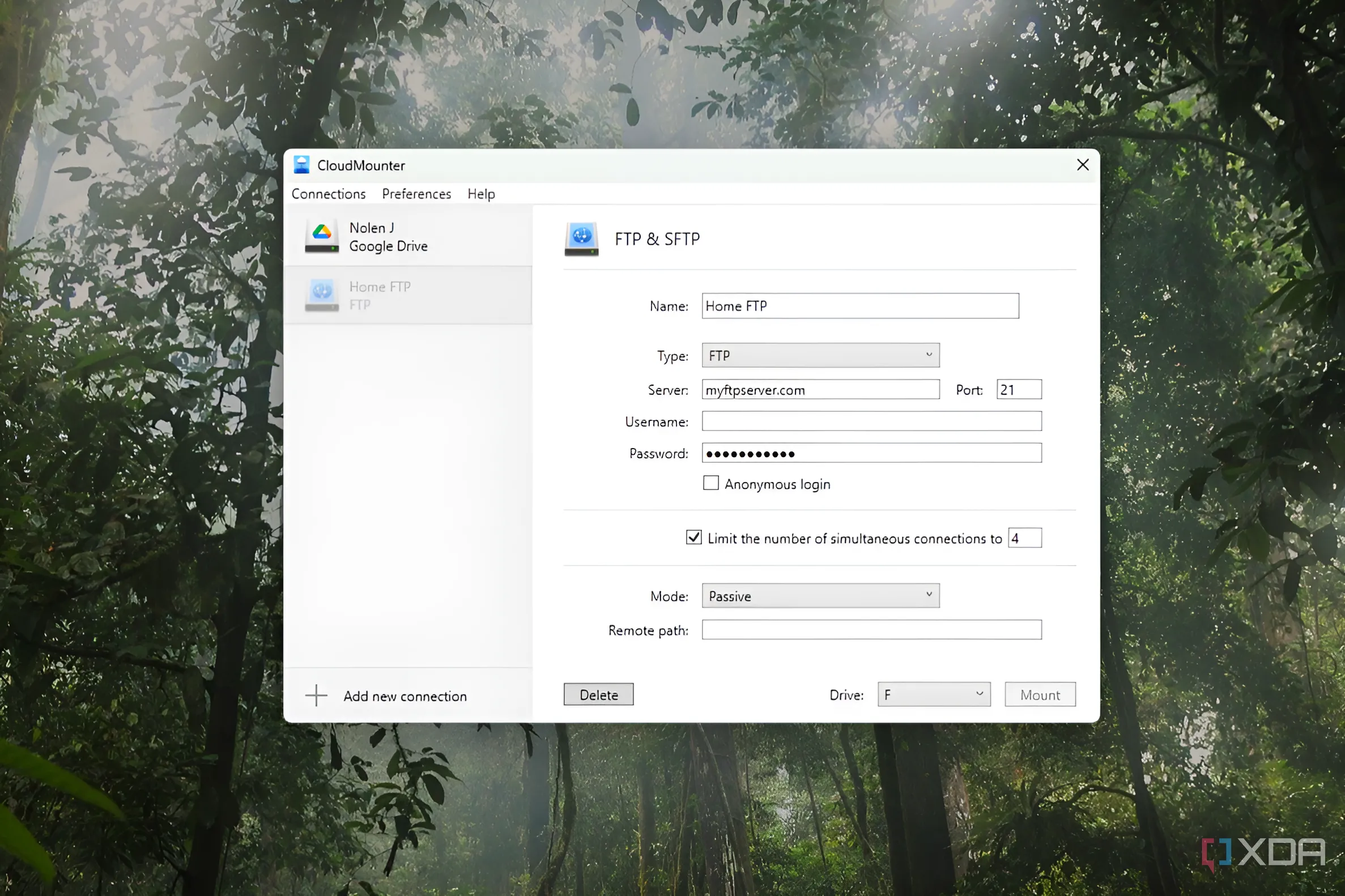 Giao diện CloudMounter hiển thị tùy chọn thêm kết nối FTP