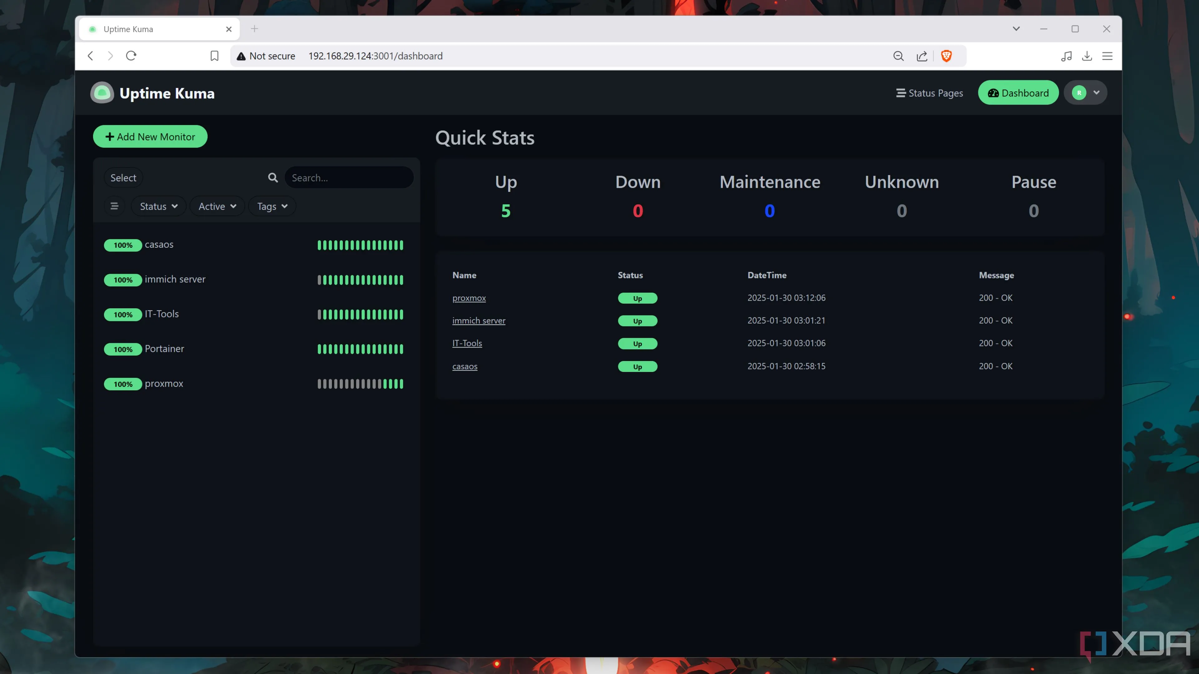 Giao diện công cụ giám sát Uptime Kuma, hiển thị trạng thái các dịch vụ trong homelab