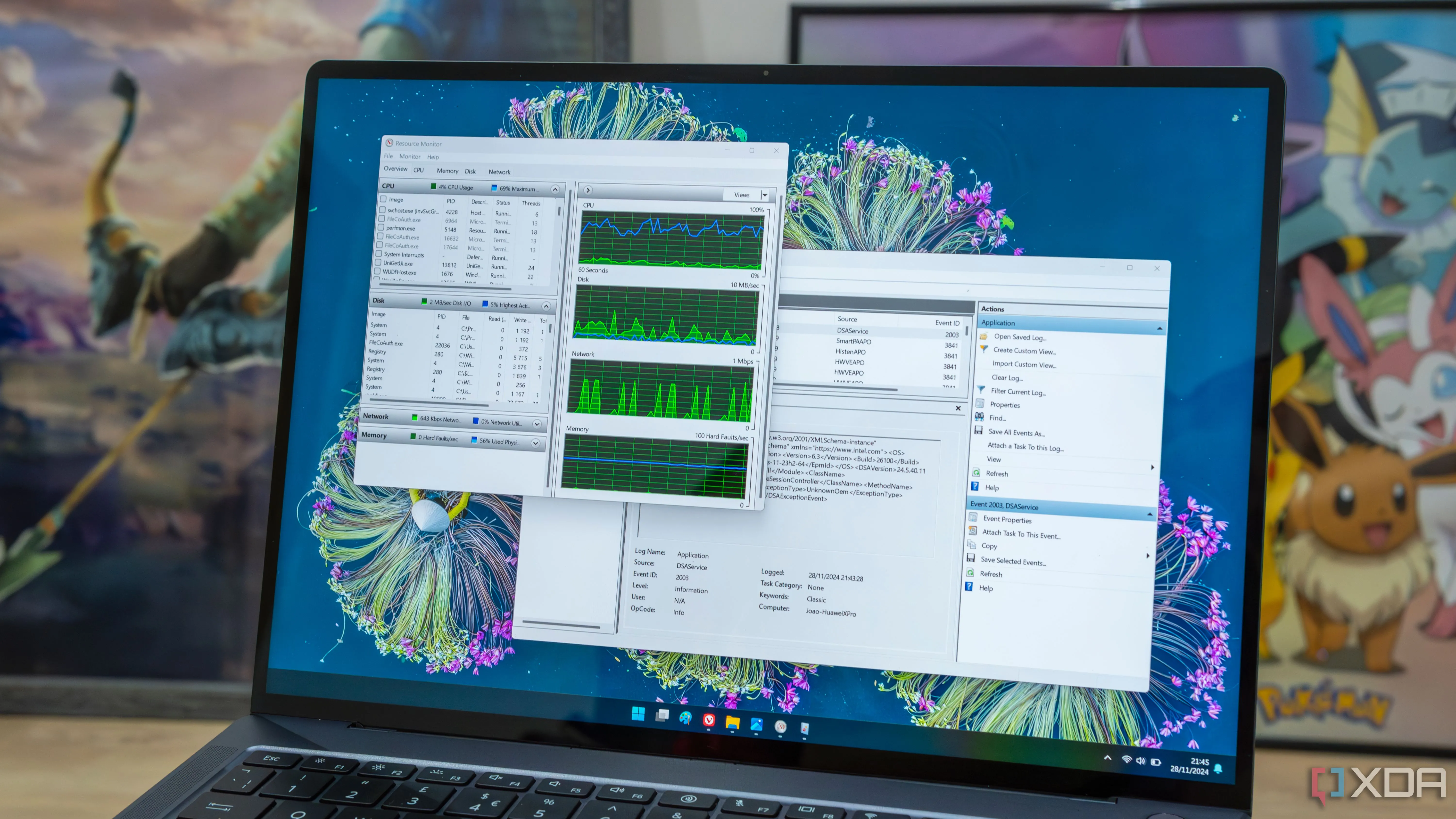 Giao diện công cụ Resource Monitor và Event Viewer trên Windows 11