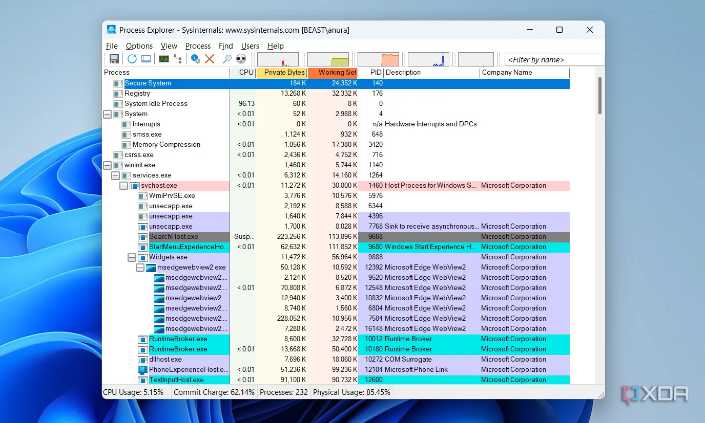 Giao diện công cụ Sysinternals Process Explorer hiển thị các tiến trình đang chạy trên Windows với mã màu.
