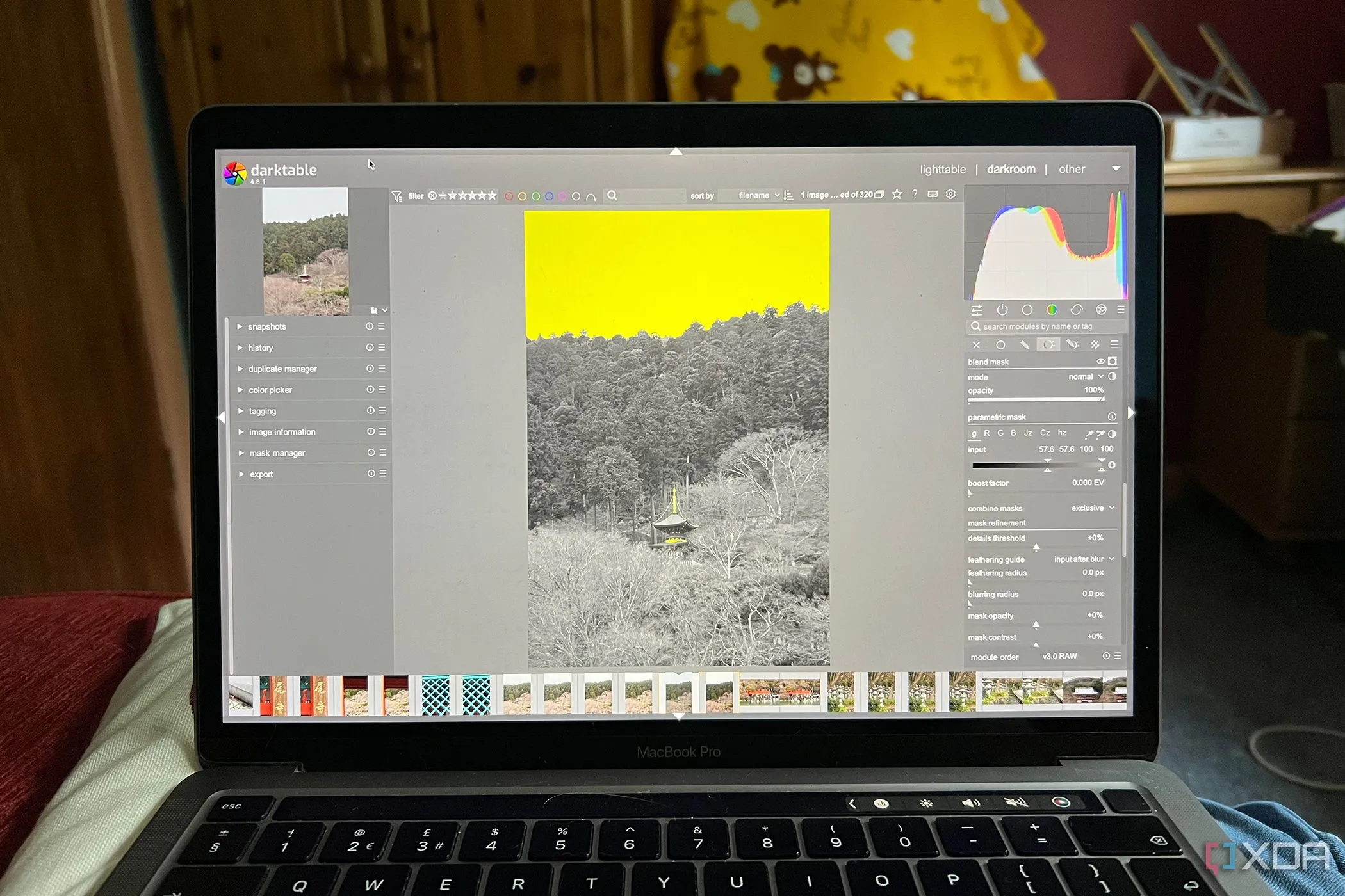 Giao diện Darktable hiển thị mặt nạ tham số (parametric mask) được áp dụng trên ảnh chụp ngôi đền Nhật Bản, minh họa công cụ phục hồi vùng sáng
