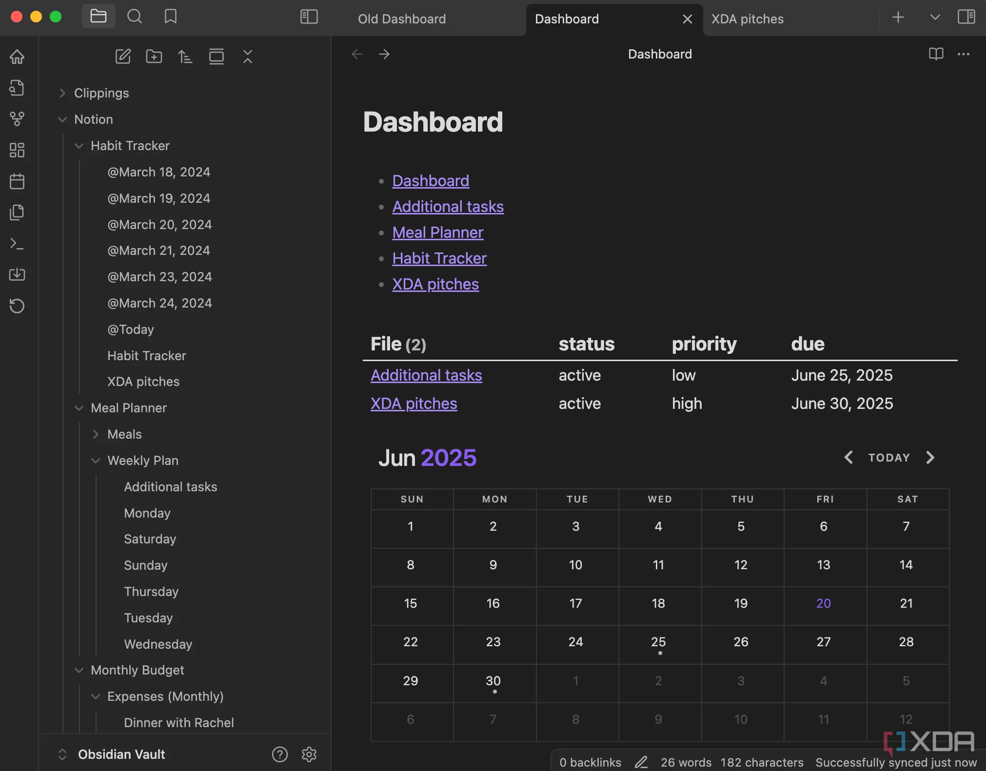 Giao diện dashboard Obsidian tùy chỉnh hiển thị lịch dự án, bảng công việc và tiến độ theo dõi.