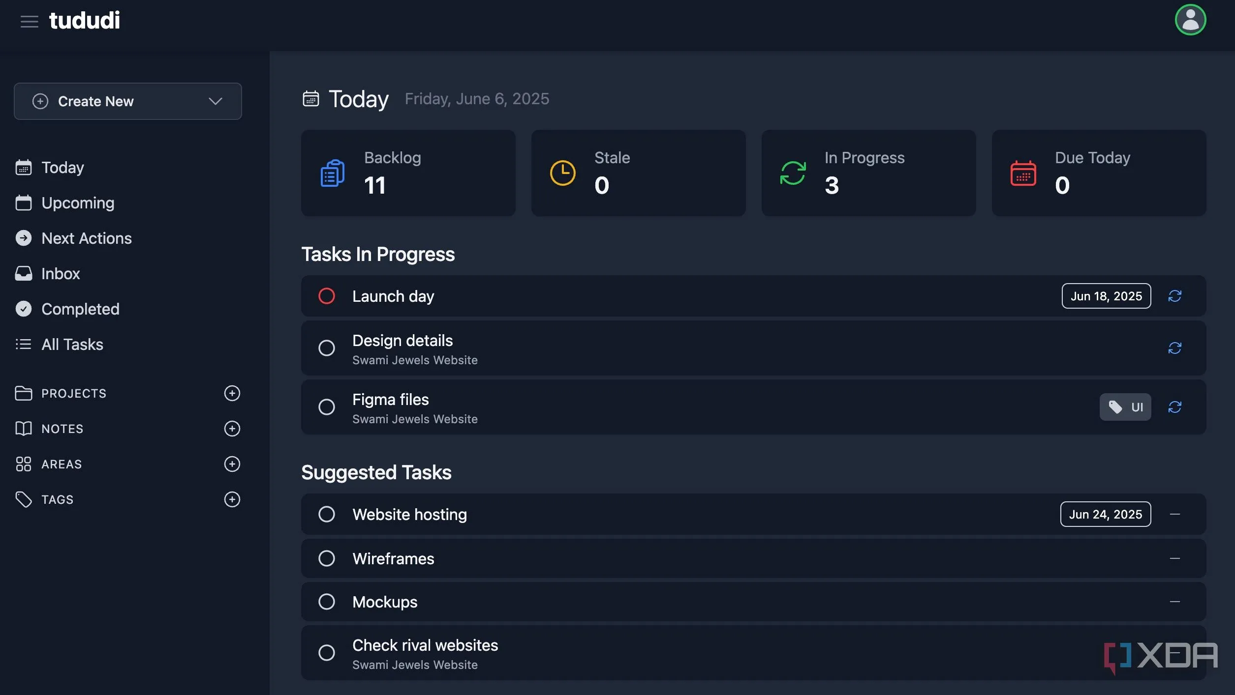 Giao diện dashboard trực quan của Tududi hiển thị tổng quan các nhiệm vụ đang chờ xử lý, quá hạn và đến hạn hôm nay.