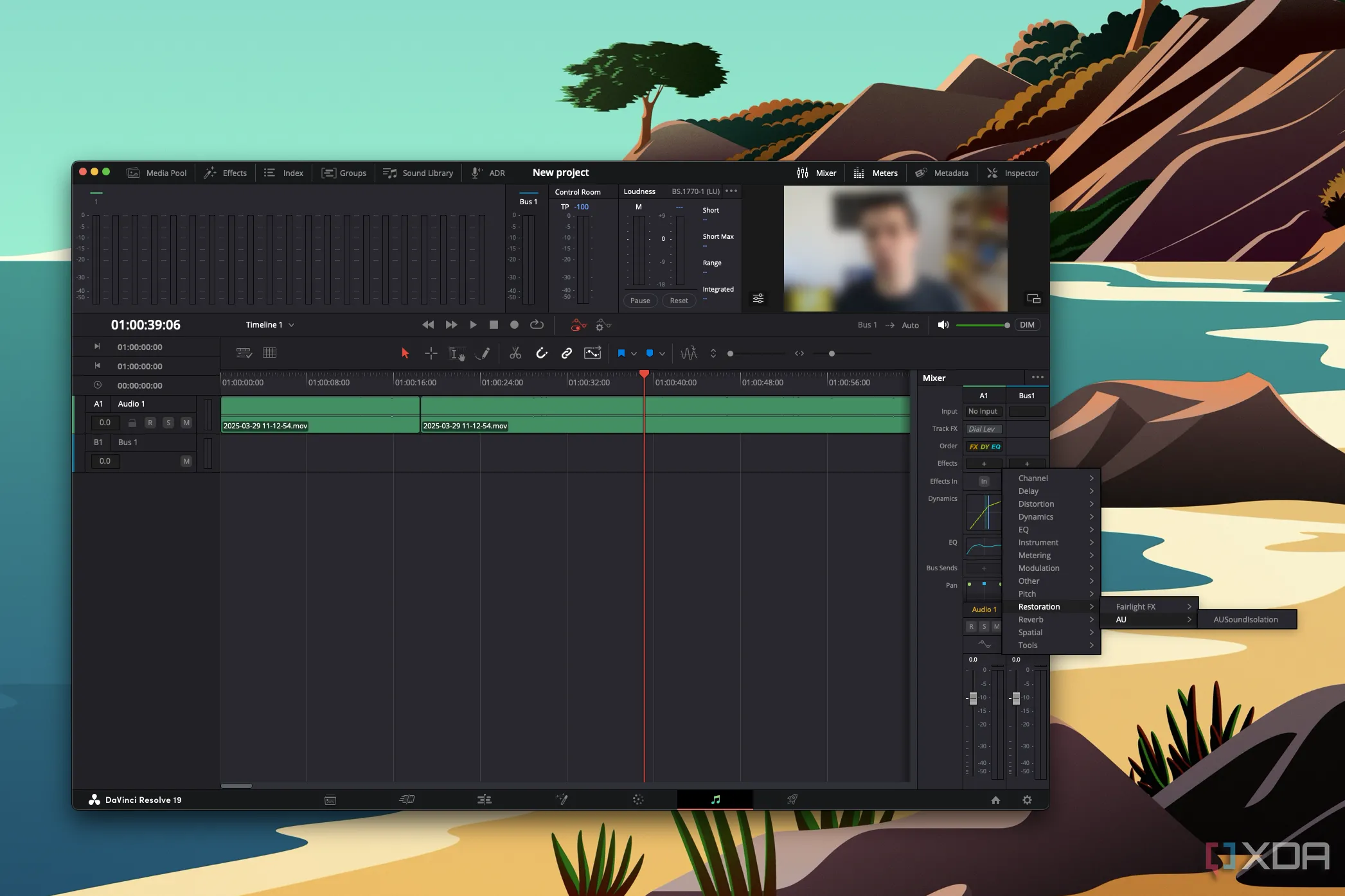 Giao diện DaVinci Resolve trên macOS hiển thị plugin AUSoundIsolation giúp khử tiếng ồn hiệu quả
