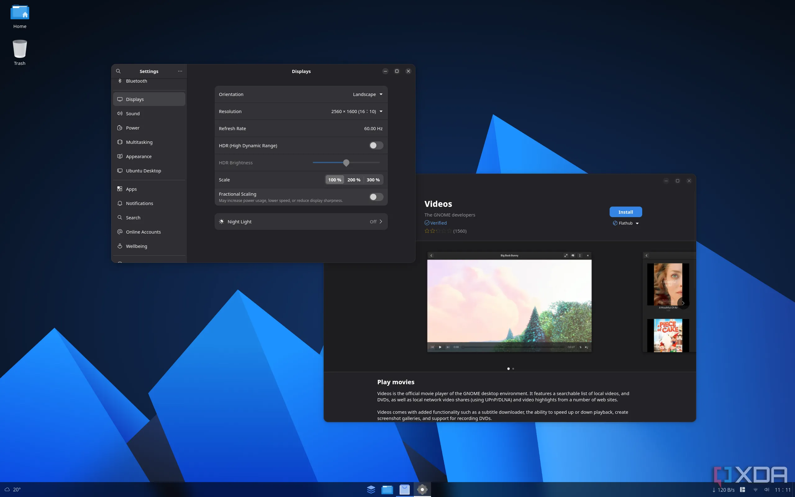 Giao diện desktop của AnduinOS với ứng dụng Cài đặt GNOME và Trung tâm phần mềm