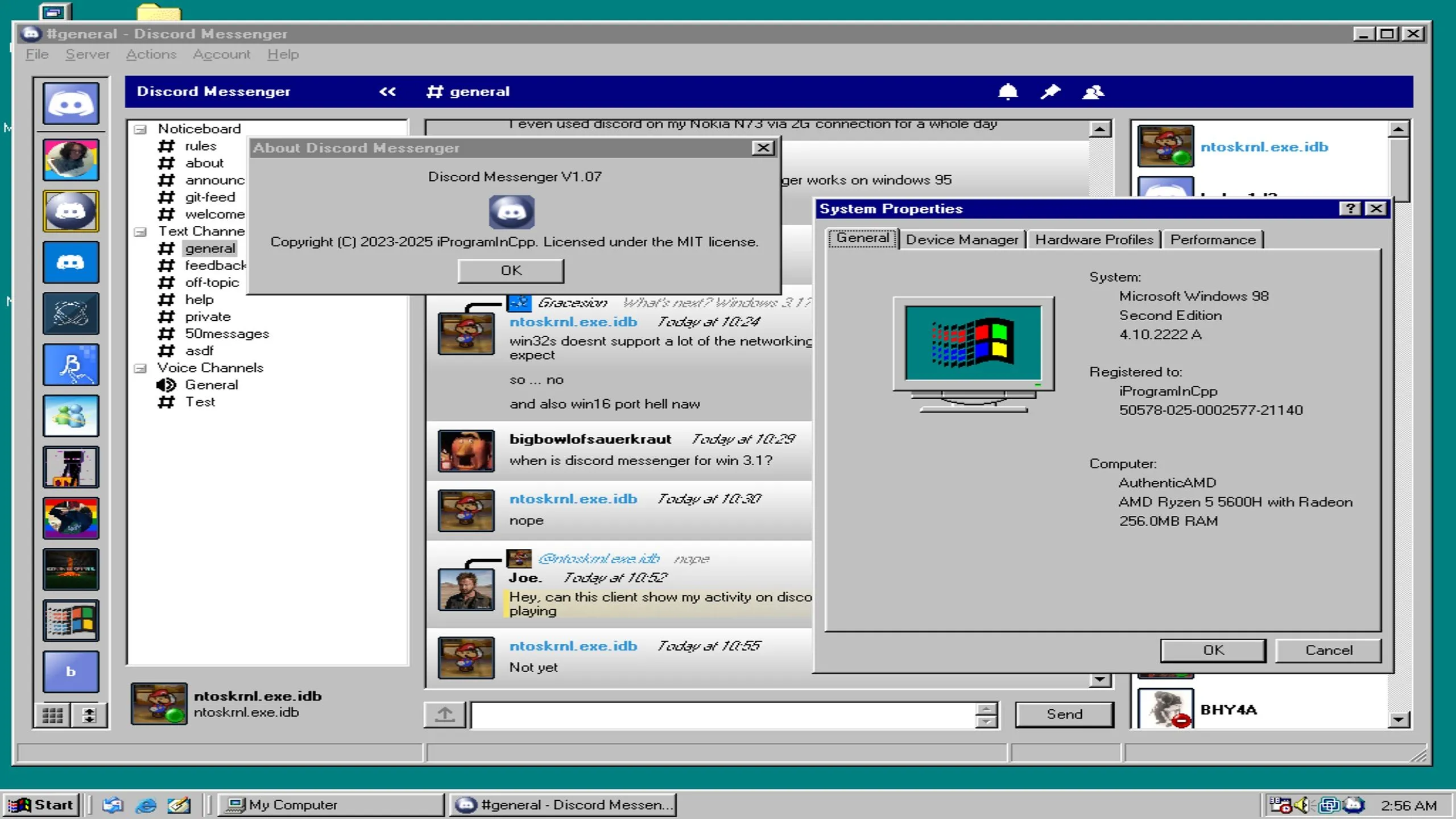 Giao diện Discord Messenger chạy trên hệ điều hành Windows 98