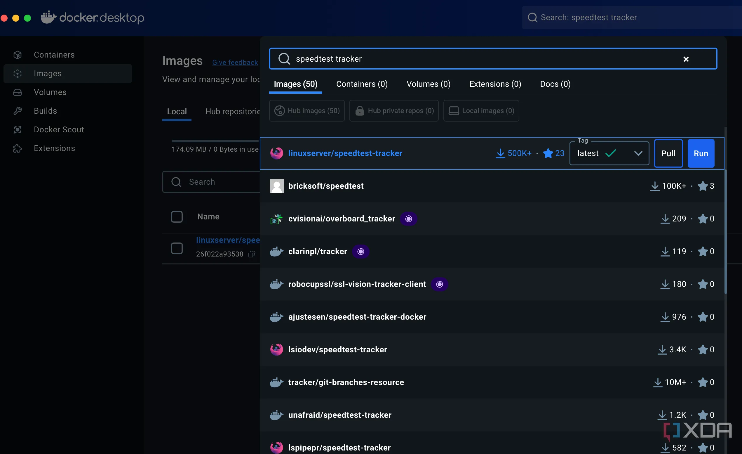 Giao diện Docker Desktop hiển thị kết quả tìm kiếm &quot;speedtest tracker&quot;, minh họa bước cài đặt ứng dụng theo dõi tốc độ mạng