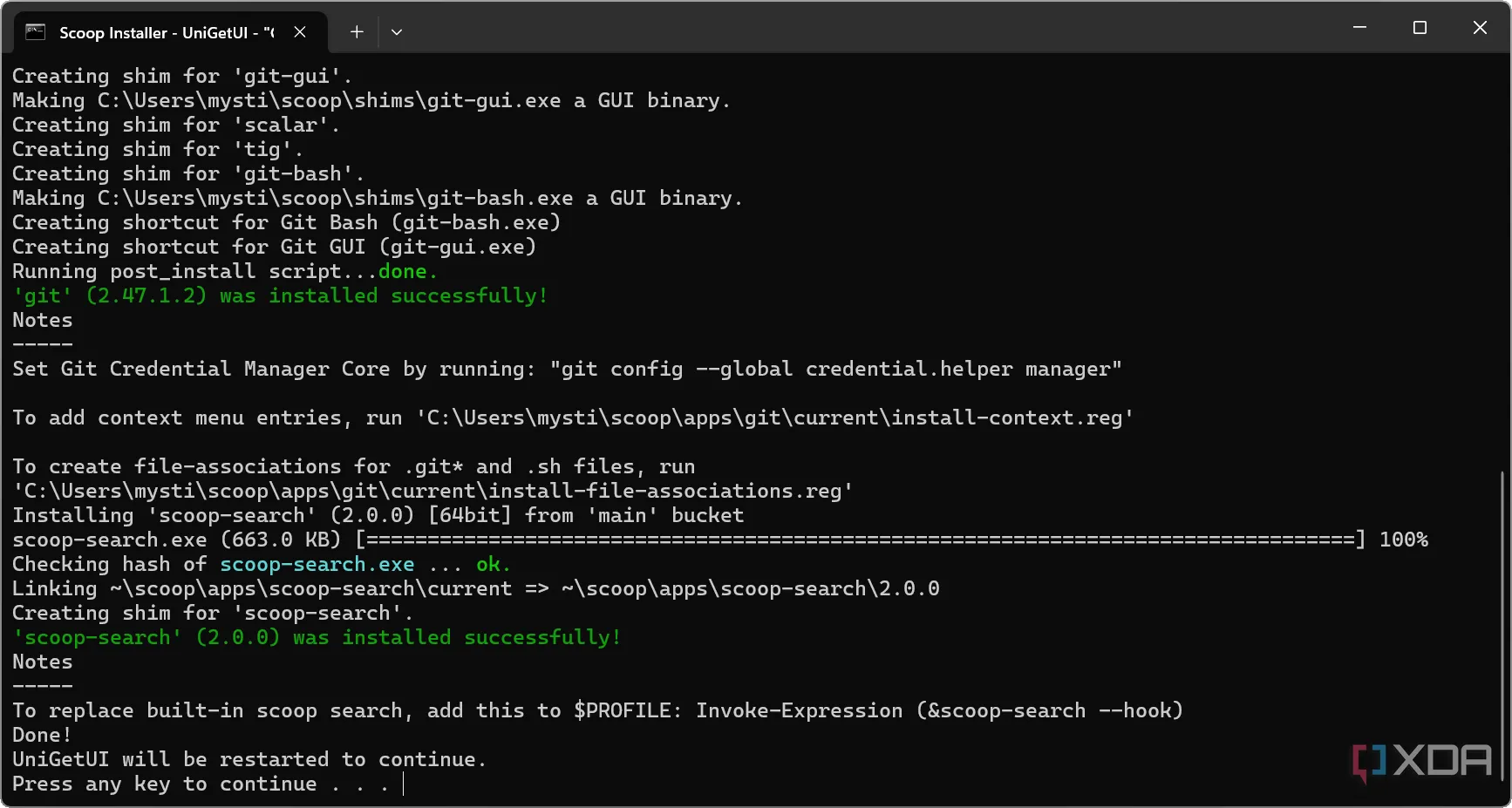 Giao diện dòng lệnh (CLI) khi cài đặt trình quản lý gói Scoop trên Windows, minh họa sự phức tạp khi không dùng UniGetUI.