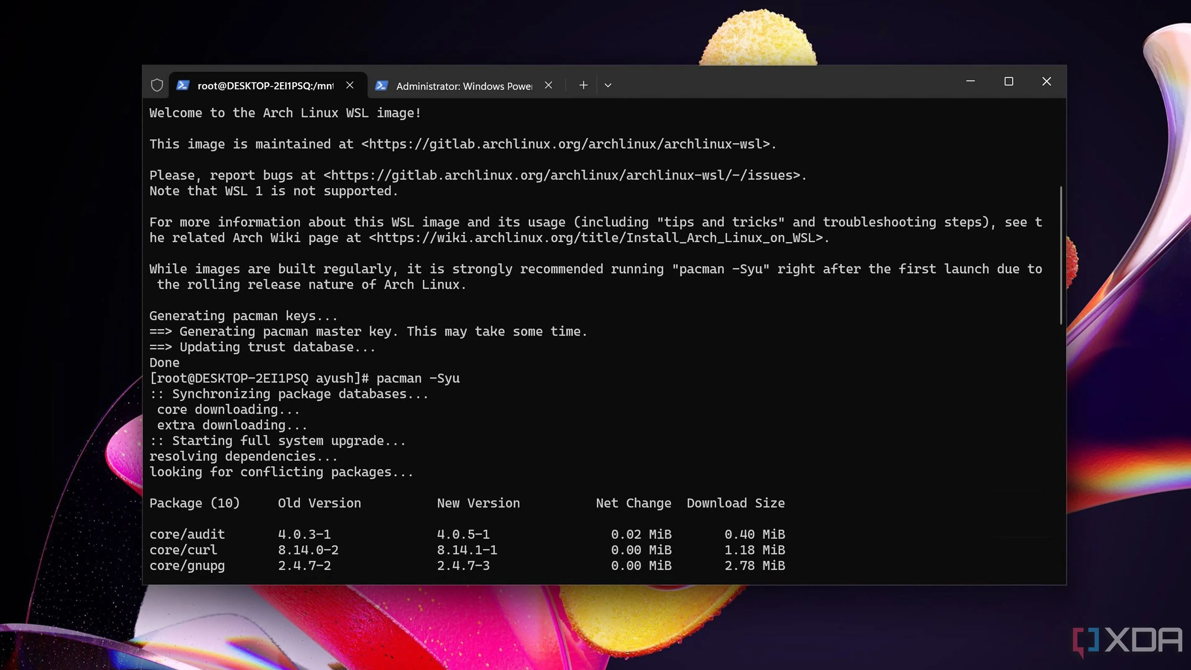 Giao diện dòng lệnh của Arch Linux hoạt động trên WSL, minh họa sự tối giản và khả năng tùy chỉnh.