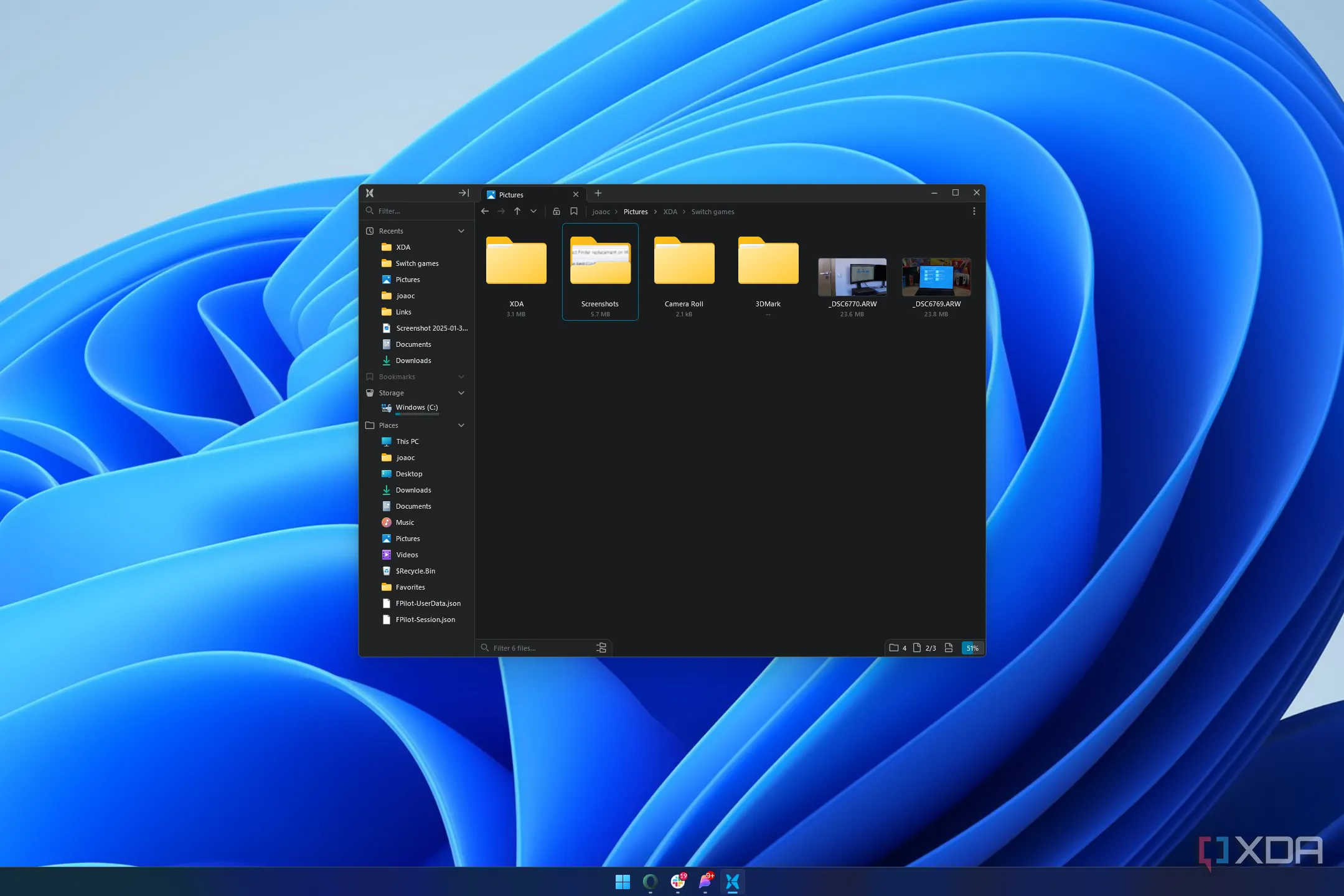 Giao diện File Pilot trên Windows 11 hiển thị danh sách thư mục gần đây