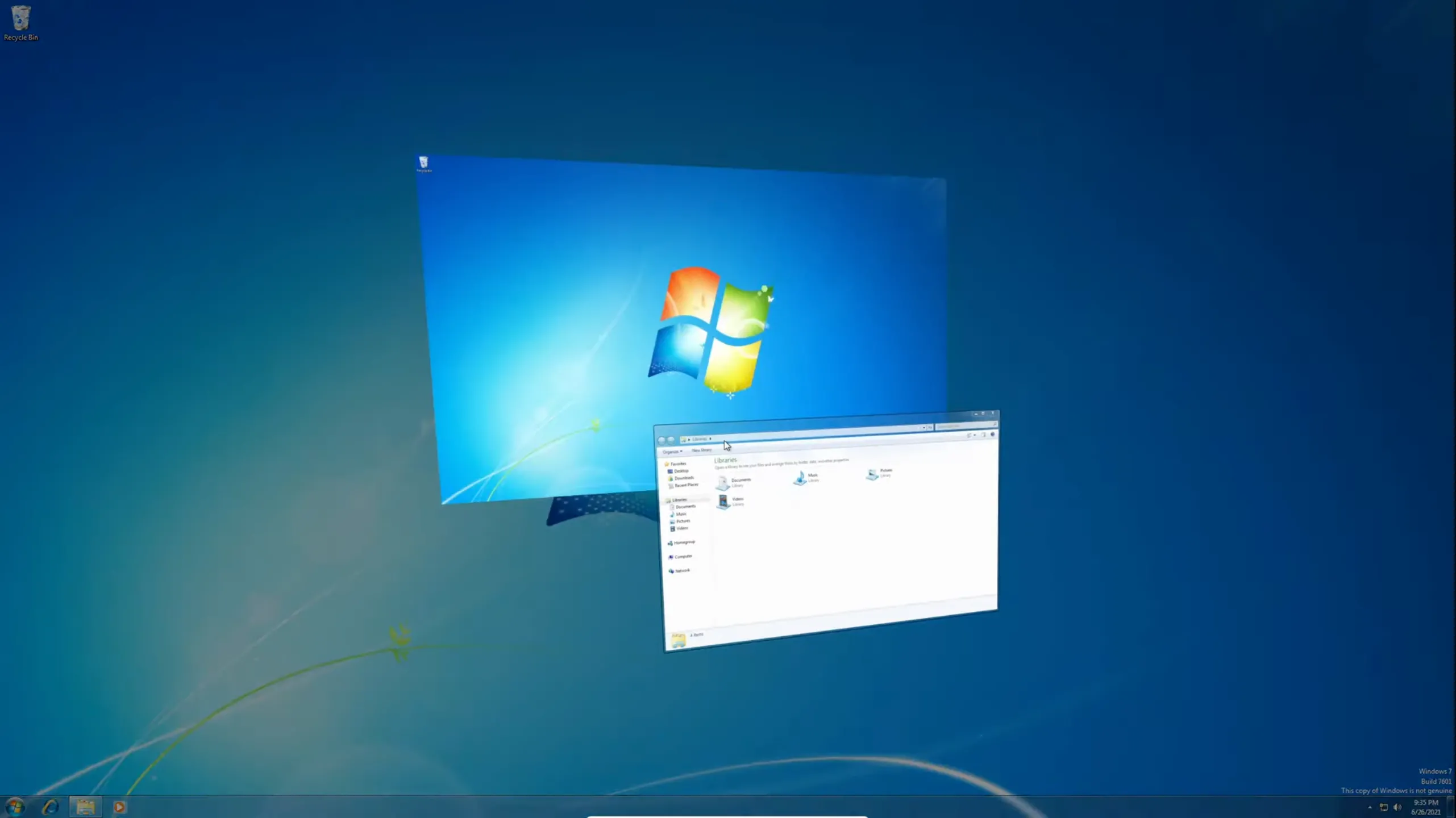 Giao diện Flip 3D trên Windows 7 hiển thị các cửa sổ ứng dụng xếp chồng 3D