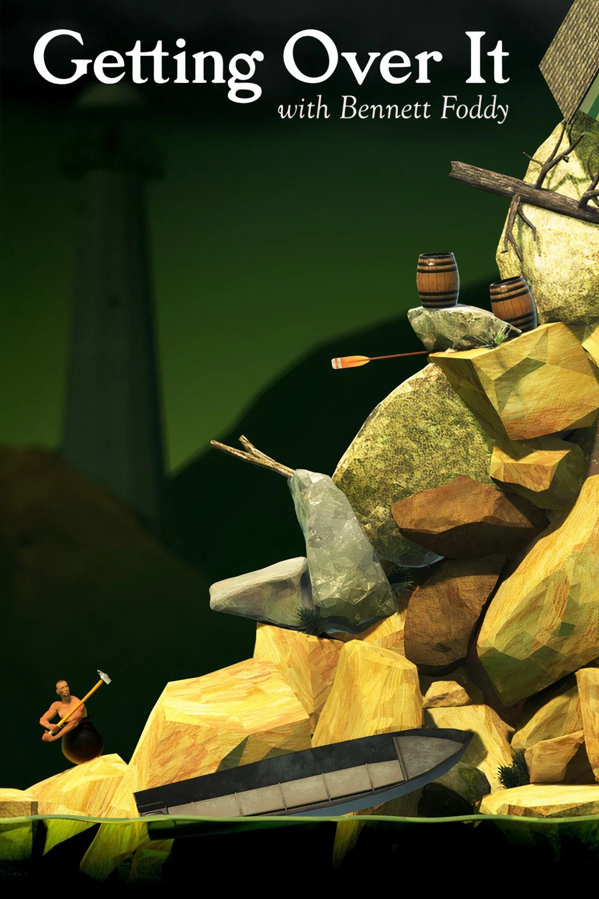 Giao diện gameplay của Getting Over It with Bennett Foddy với nhân vật trong vạc và chiếc búa