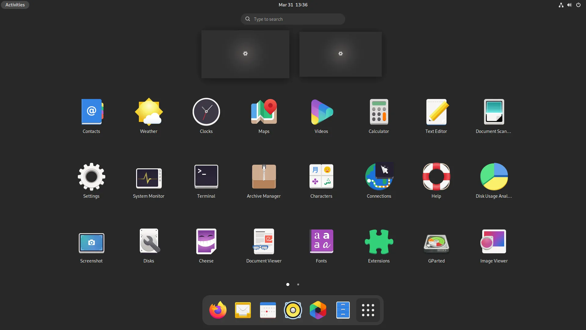 Giao diện GNOME của NixOS 21.11 với menu chính