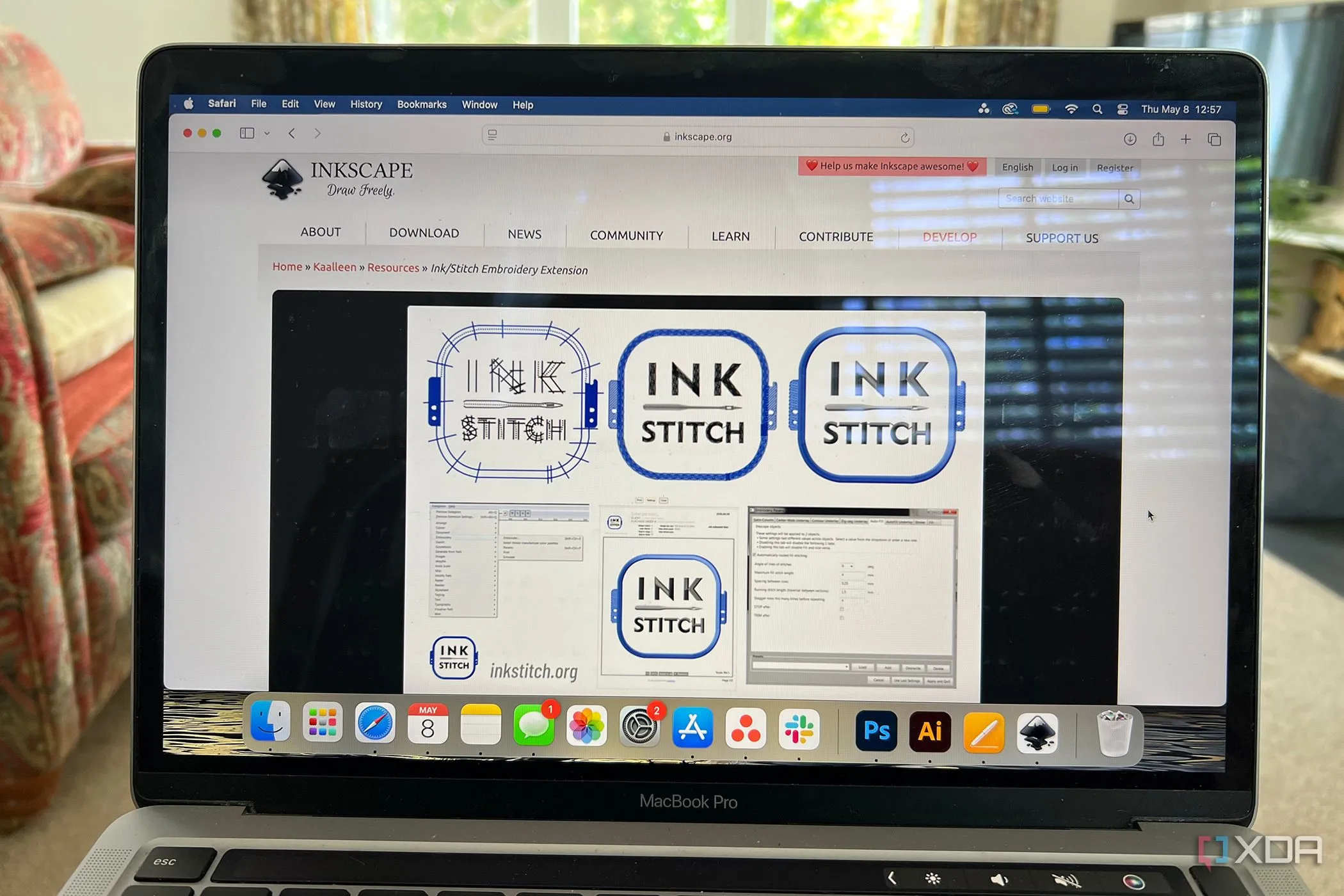 Giao diện Inkscape với tiện ích mở rộng Ink/Stitch, hiển thị thiết kế thêu kỹ thuật số