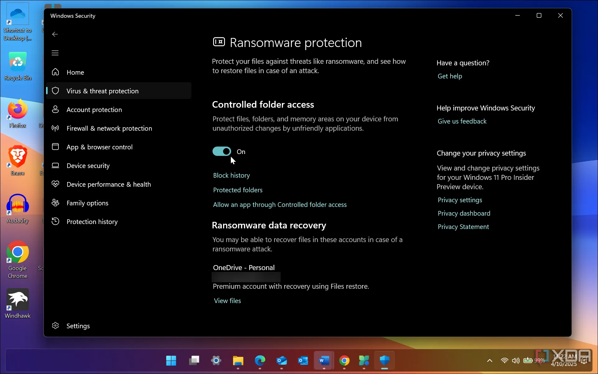Giao diện kích hoạt tính năng bảo vệ Ransomware (Controlled Folder Access) trên Windows 11