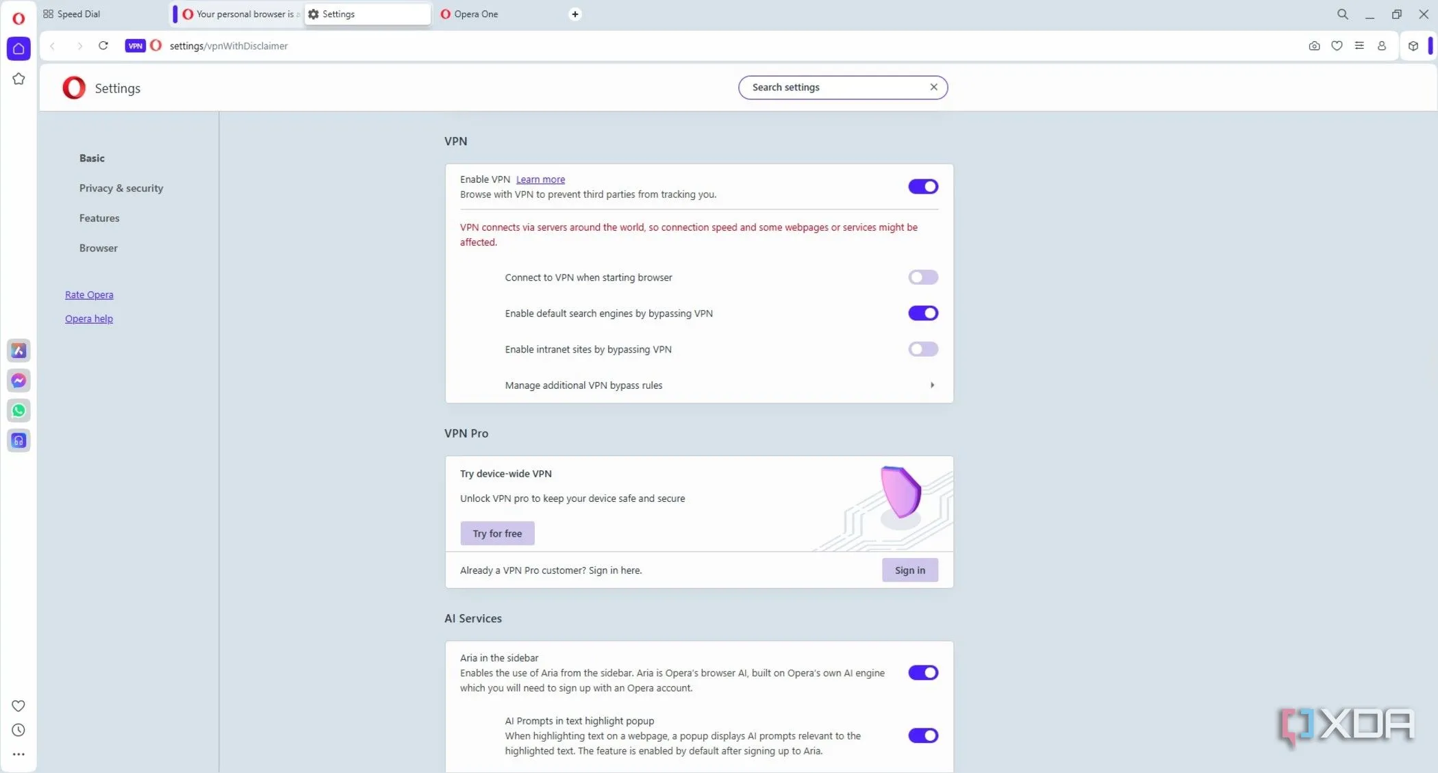 Giao diện kích hoạt và quản lý tính năng VPN tích hợp sẵn trong trình duyệt Opera, cho phép ẩn vị trí người dùng.