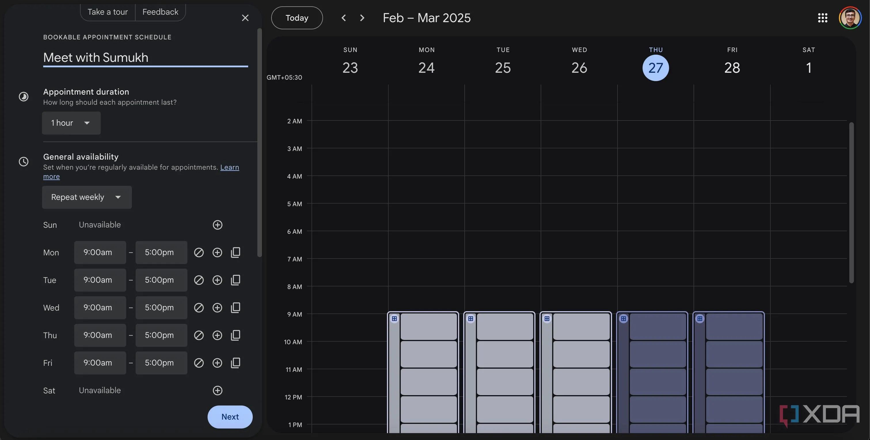 Giao diện lên lịch hẹn trên Google Calendar, hiển thị tùy chọn lịch trình cuộc hẹn