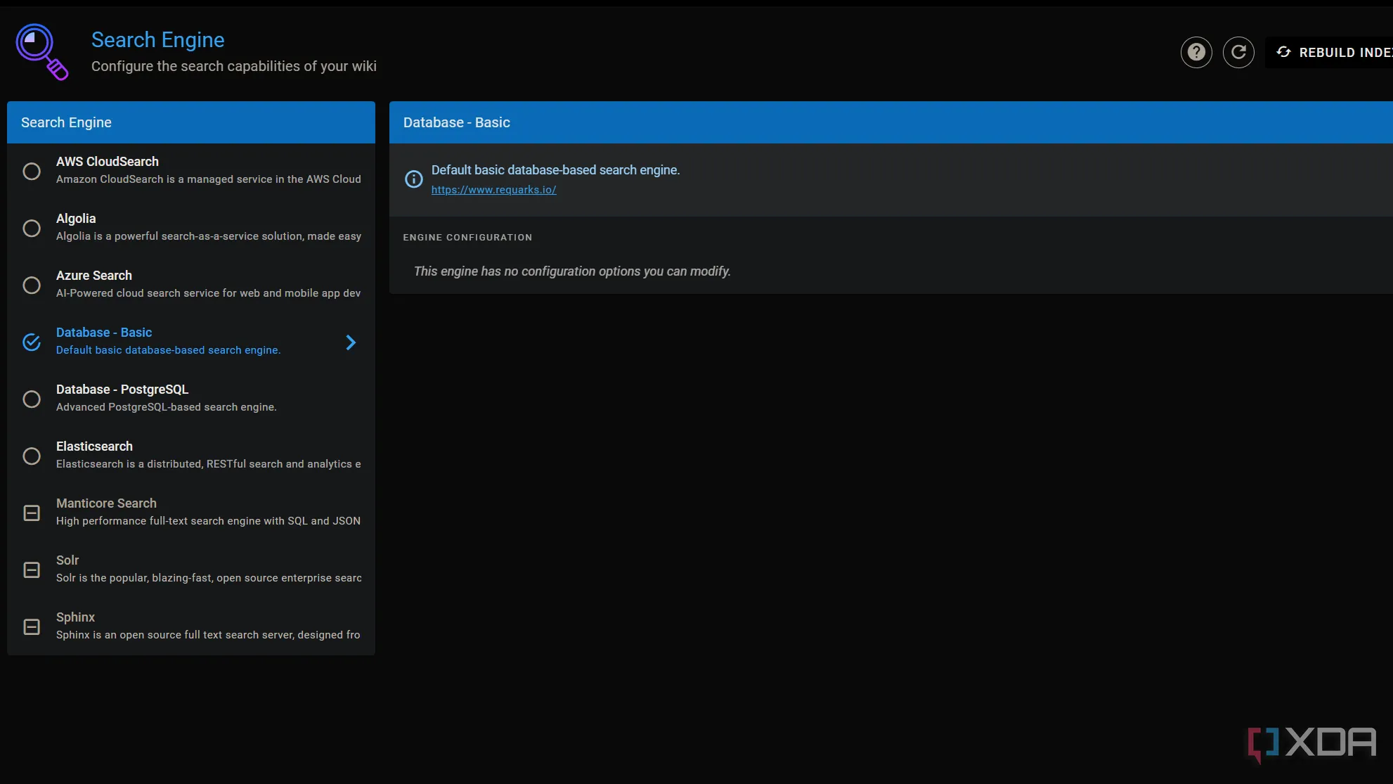Giao diện lựa chọn công cụ tìm kiếm trong Wiki.js với các tùy chọn như PostgreSQL, Elasticsearch và AWS CloudSearch