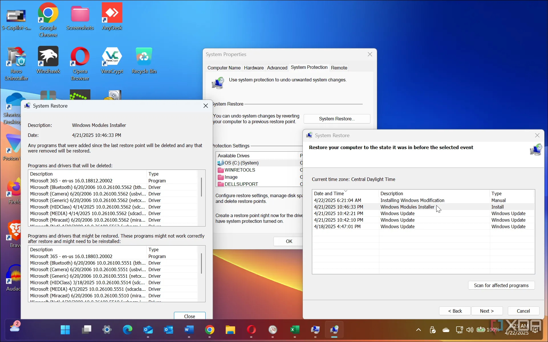 Giao diện lựa chọn điểm khôi phục hệ thống (System Restore Point) trên Windows 11