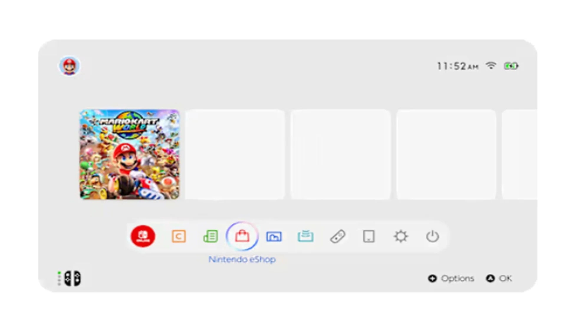 Giao diện màn hình chính của Nintendo Switch 2, thể hiện sự tương đồng với phiên bản tiền nhiệm.