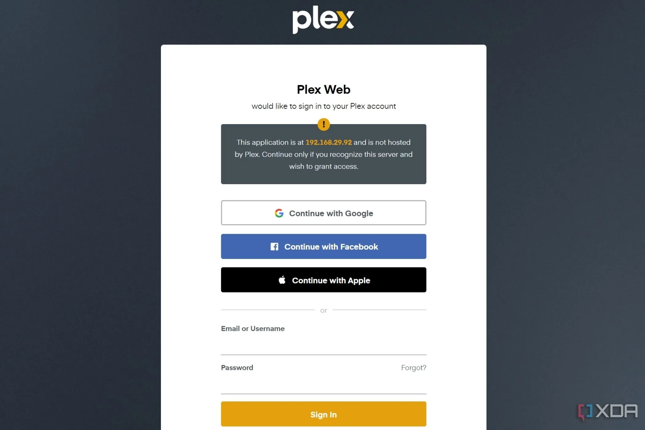 Giao diện màn hình đăng nhập Plex, cho thấy sự yêu cầu tài khoản và kết nối internet ngay cả với thư viện cá nhân.