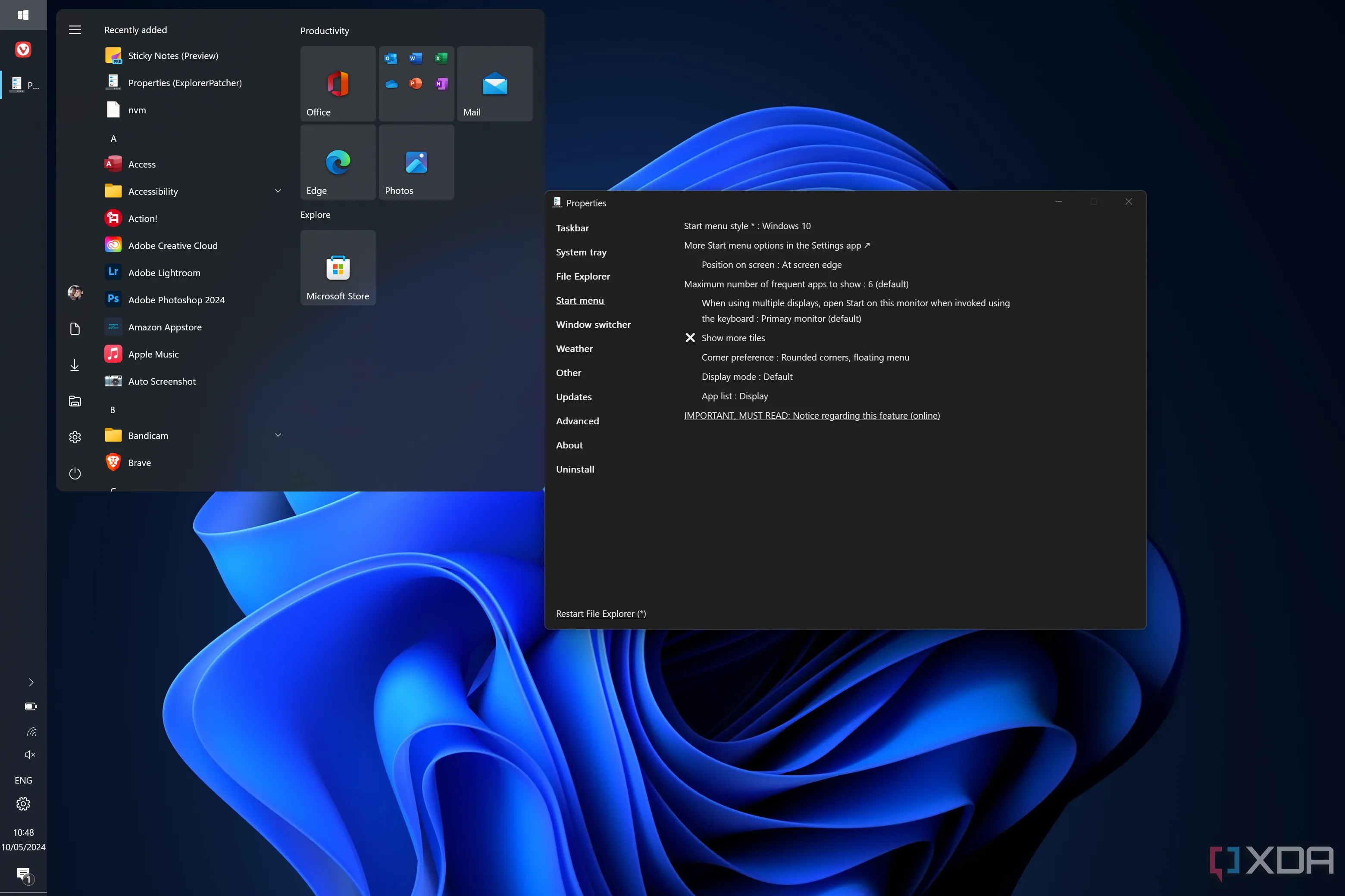 Giao diện máy tính Windows 11 với thanh tác vụ bên trái và Start Menu kiểu Windows 10 được kích hoạt bởi ExplorerPatcher.