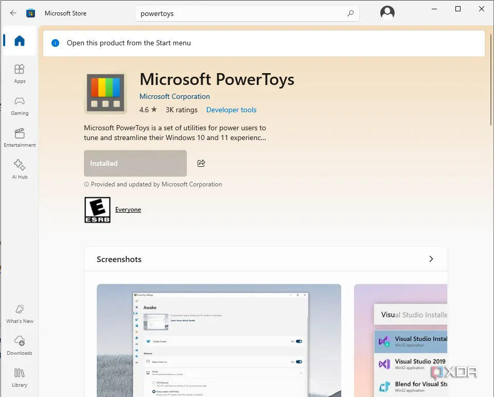 Giao diện Microsoft Store hiển thị PowerToys, nơi người dùng có thể tải tiện ích này