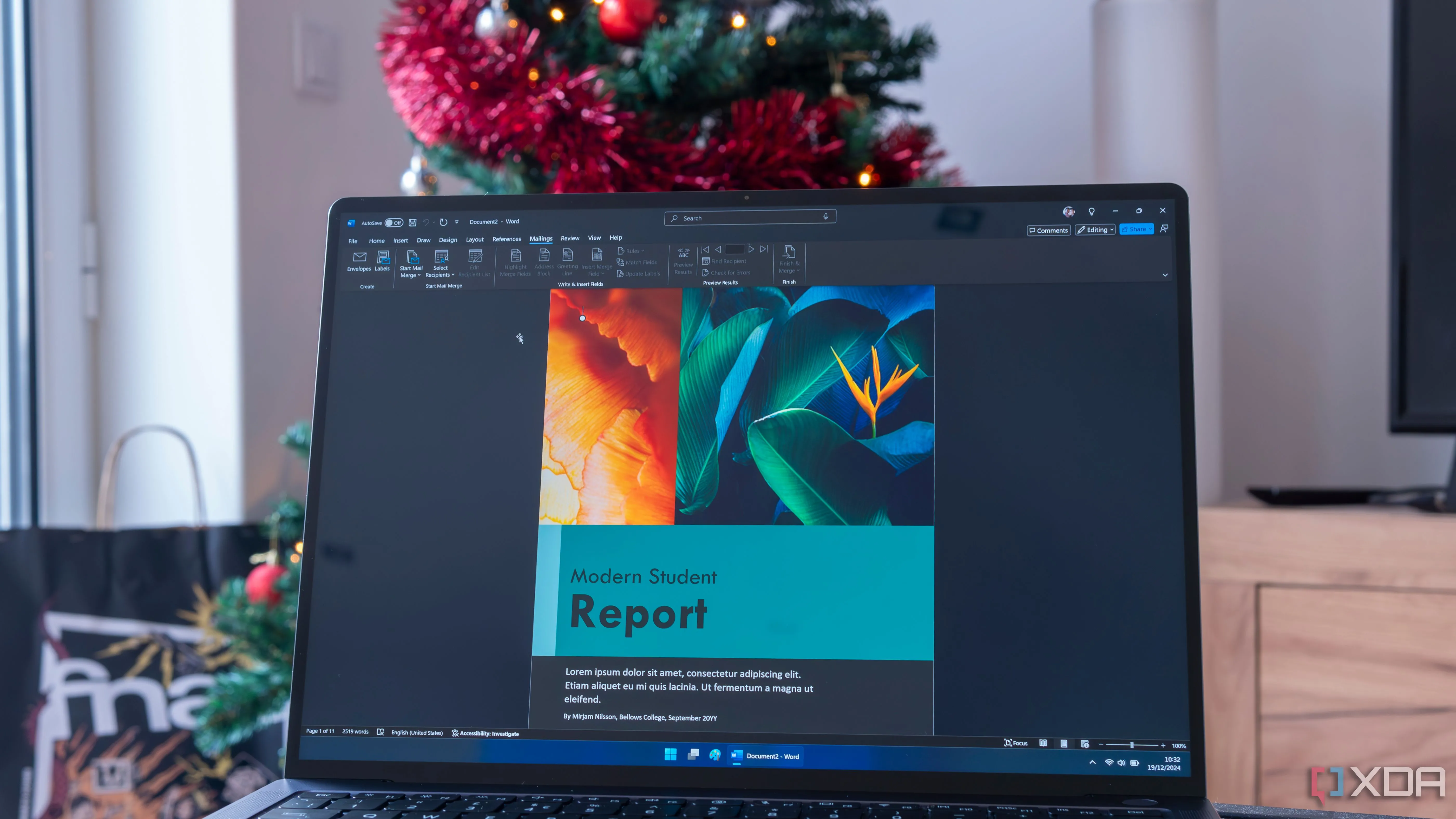 Giao diện Microsoft Word trên laptop Windows 11 với thanh ribbon mở tab Mailings, minh họa khả năng tối ưu hóa quy trình làm việc.