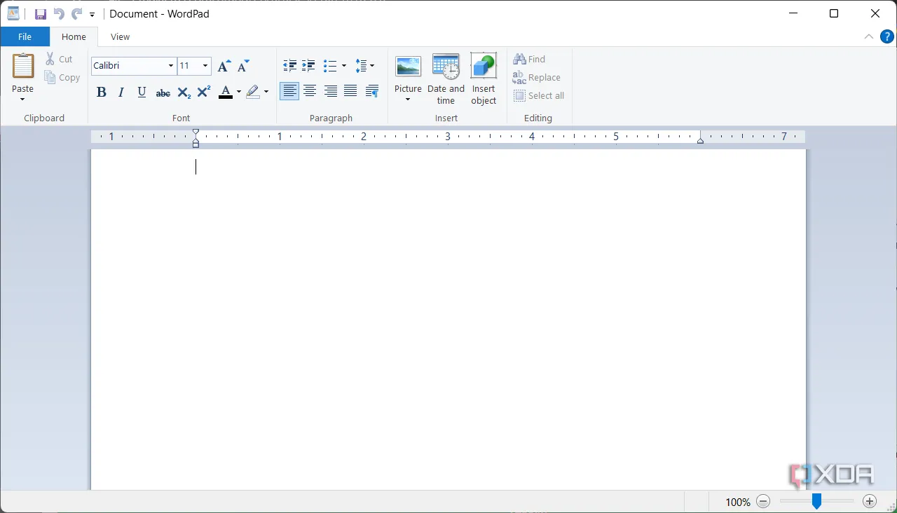 Giao diện Microsoft WordPad hiển thị một tài liệu văn bản với các tùy chọn định dạng cơ bản