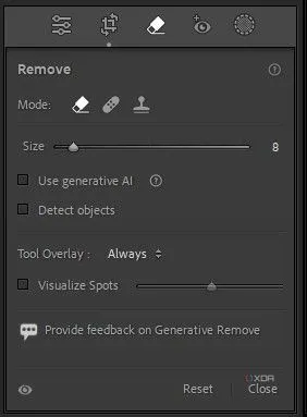 Giao diện module Spot Removal trong Adobe Lightroom với các cài đặt dễ hiểu