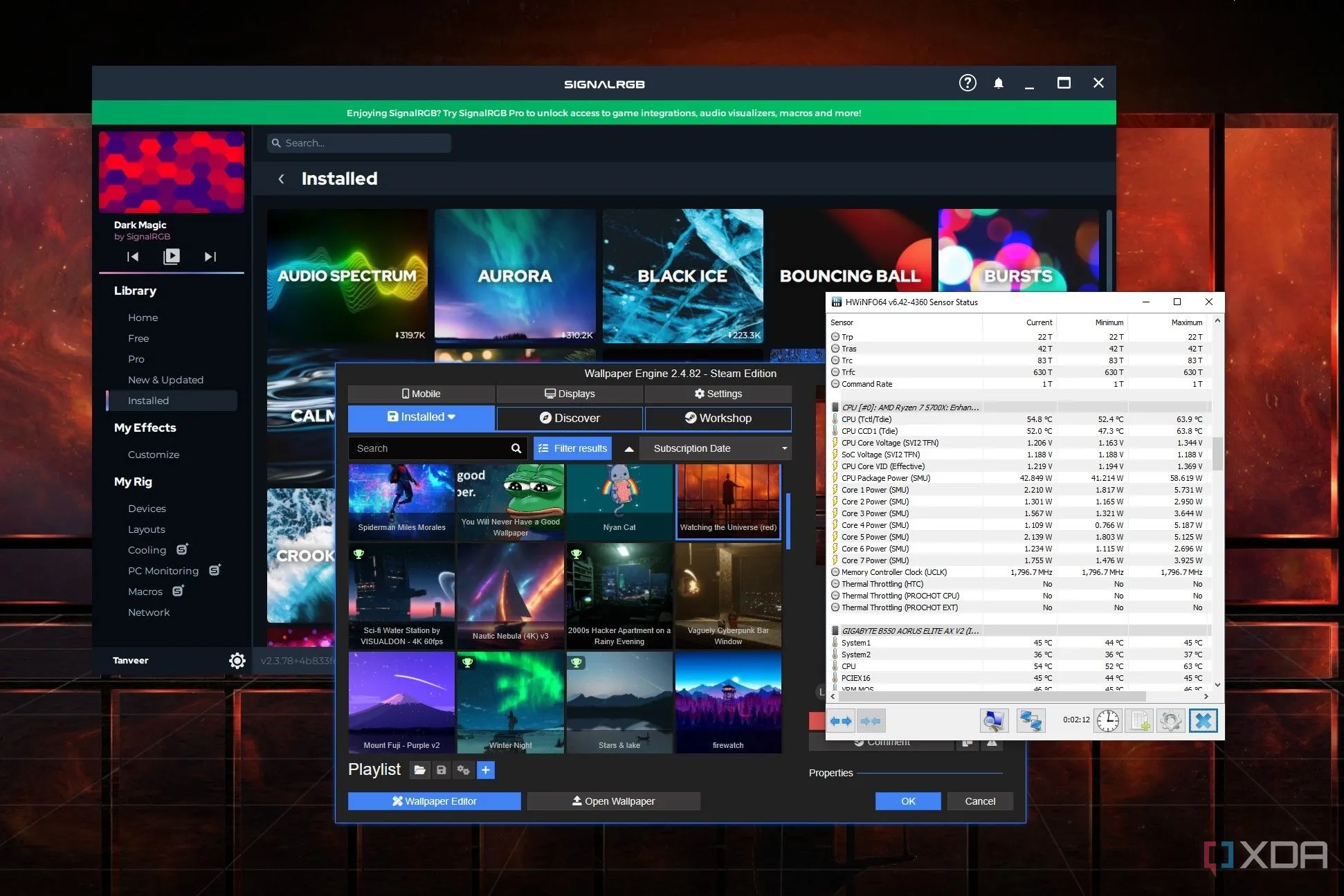 Giao diện một số công cụ chẩn đoán và tùy chỉnh PC như SignalRGB, Wallpaper Engine, HWiNFO