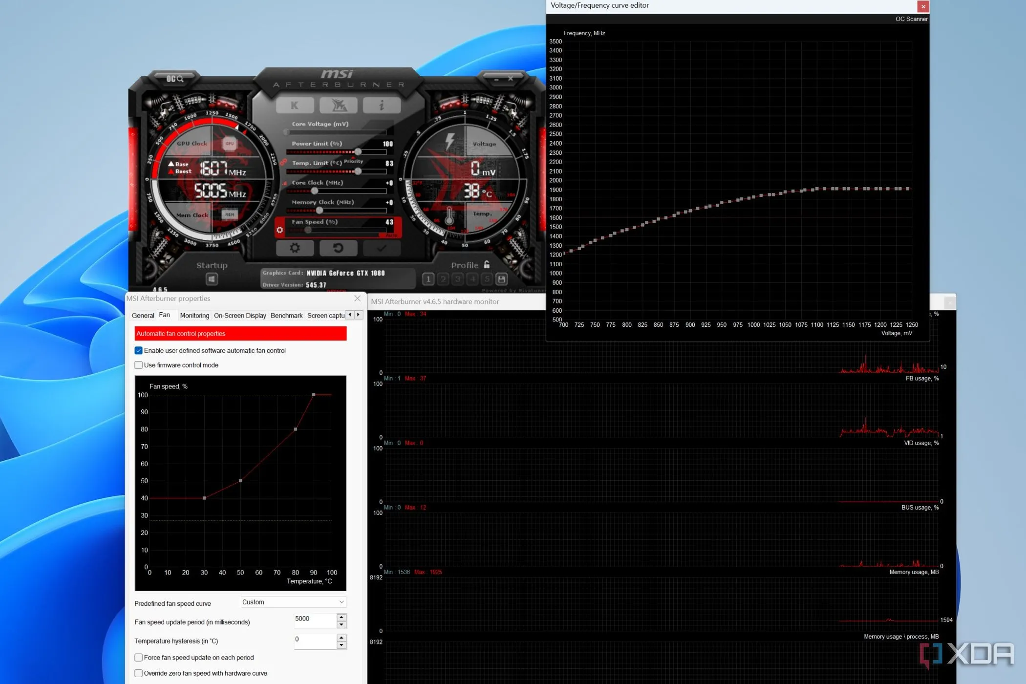 Giao diện MSI Afterburner hiển thị các tùy chỉnh quạt, giám sát phần cứng và điều chỉnh đường cong hiệu năng GPU