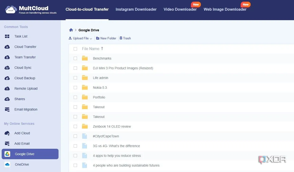 Giao diện Multcloud tích hợp nhiều dịch vụ lưu trữ đám mây như Google Drive để quản lý tập trung