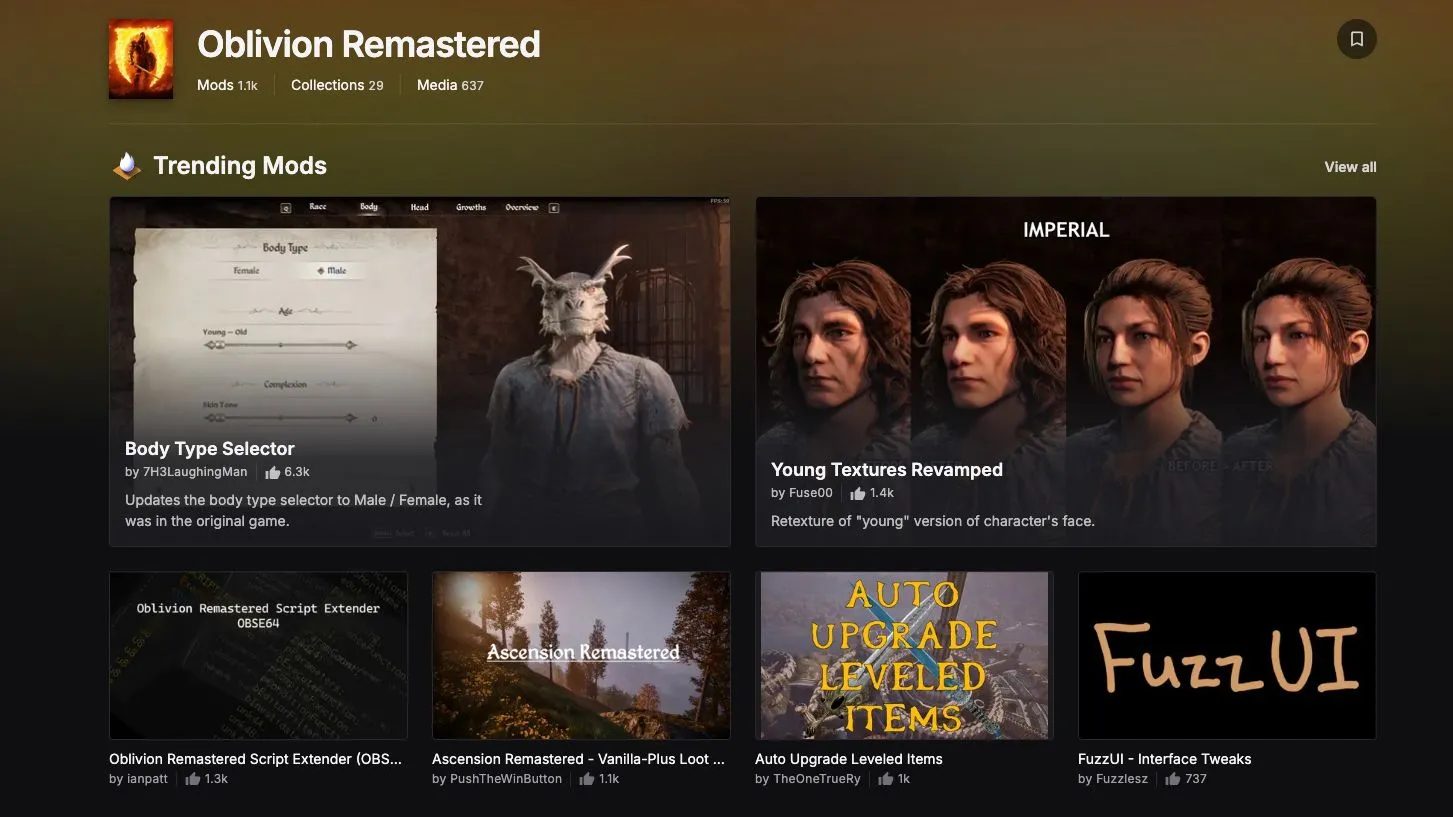 Giao diện Nexus Mods hiển thị các mod thịnh hành nhất cho Oblivion Remastered, bao gồm mod tối ưu hiệu năng game.