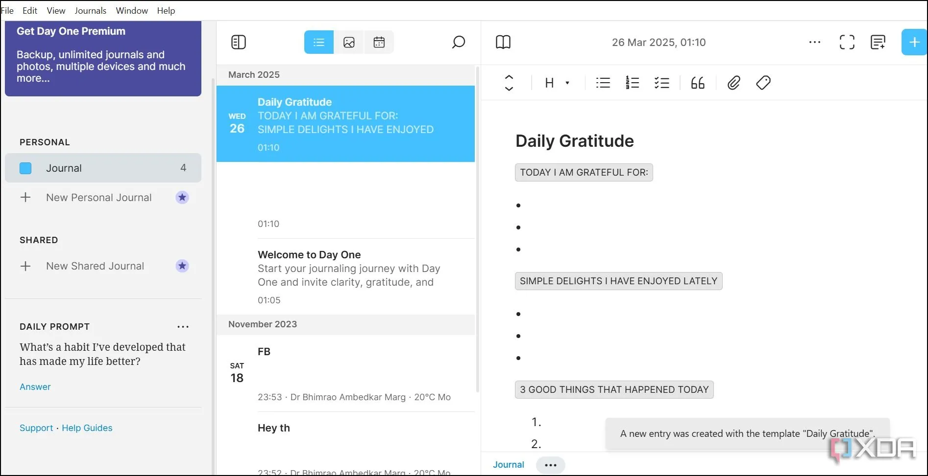 Giao diện người dùng Day One trên Windows với thiết kế gọn gàng và trực quan