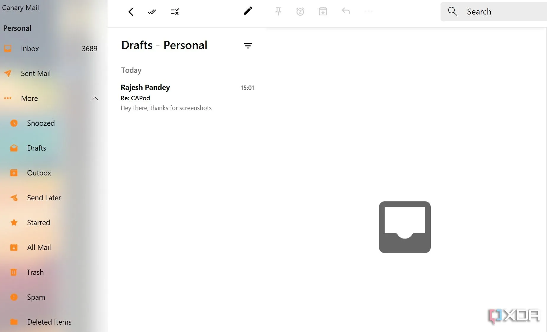 Giao diện người dùng sạch sẽ của Canary Mail, ứng dụng email tập trung vào bảo mật