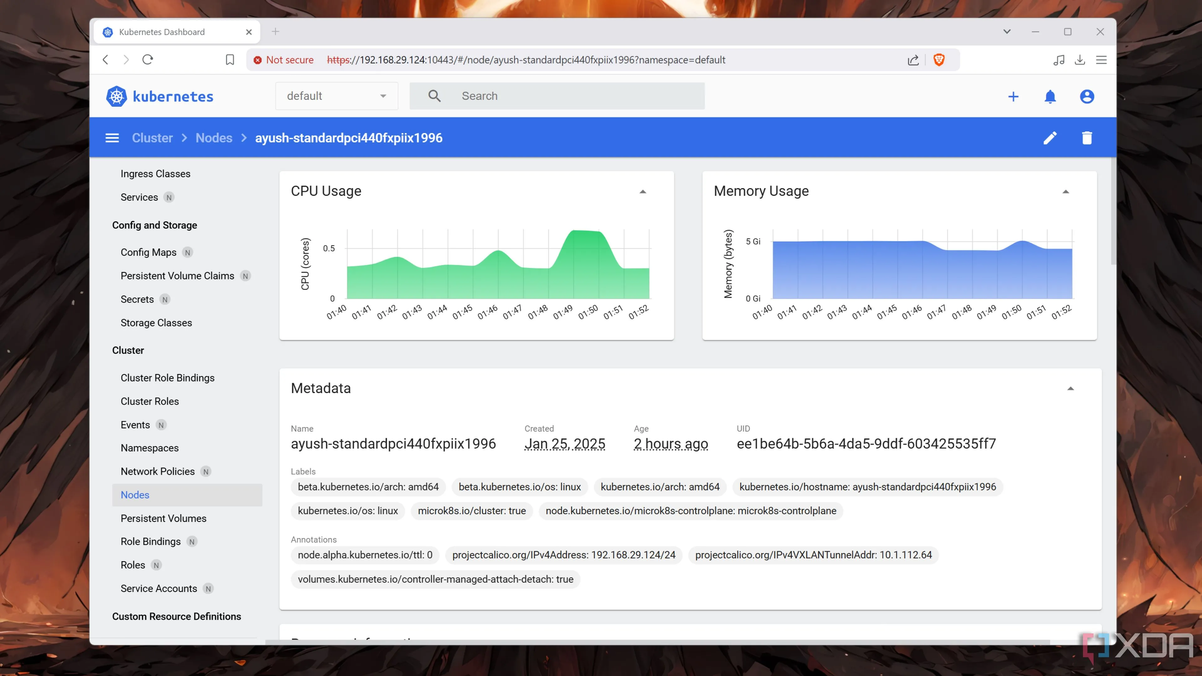 Giao diện người dùng web của Kubernetes hiển thị một node, minh họa tích hợp Podman và K8s