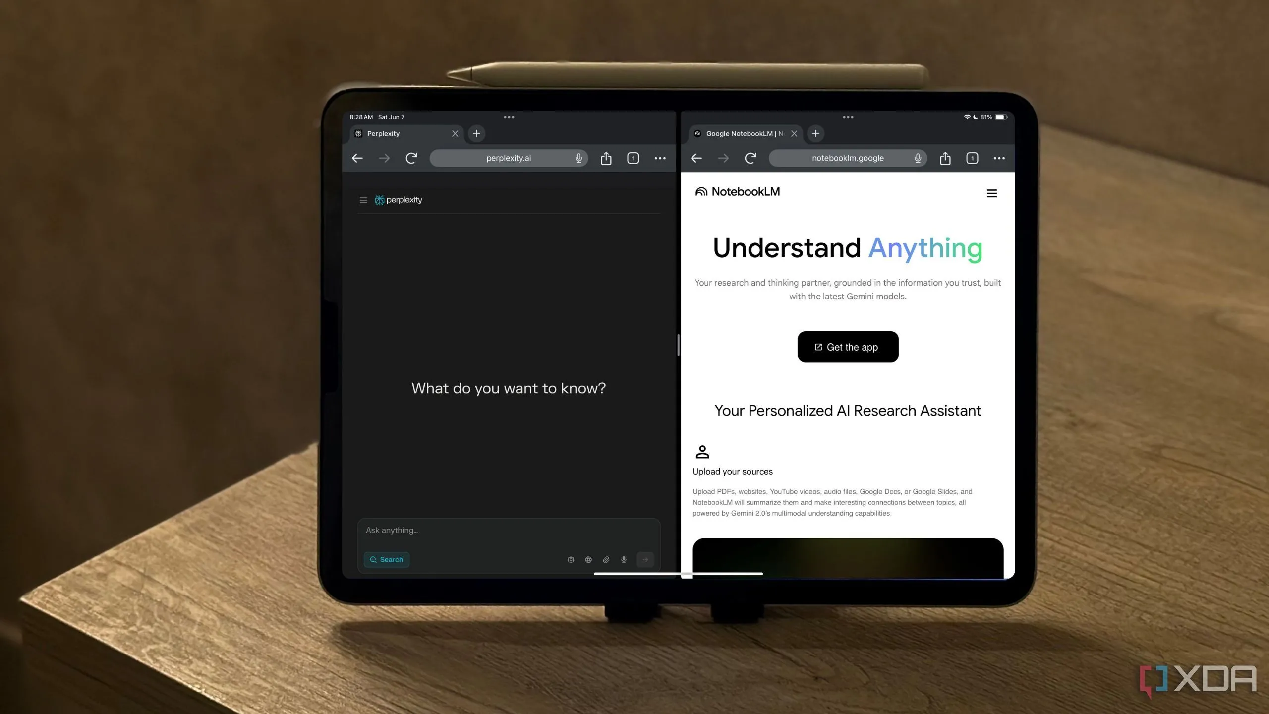 Giao diện NotebookLM kết hợp với trang web Perplexity, minh họa khả năng tích hợp công cụ AI