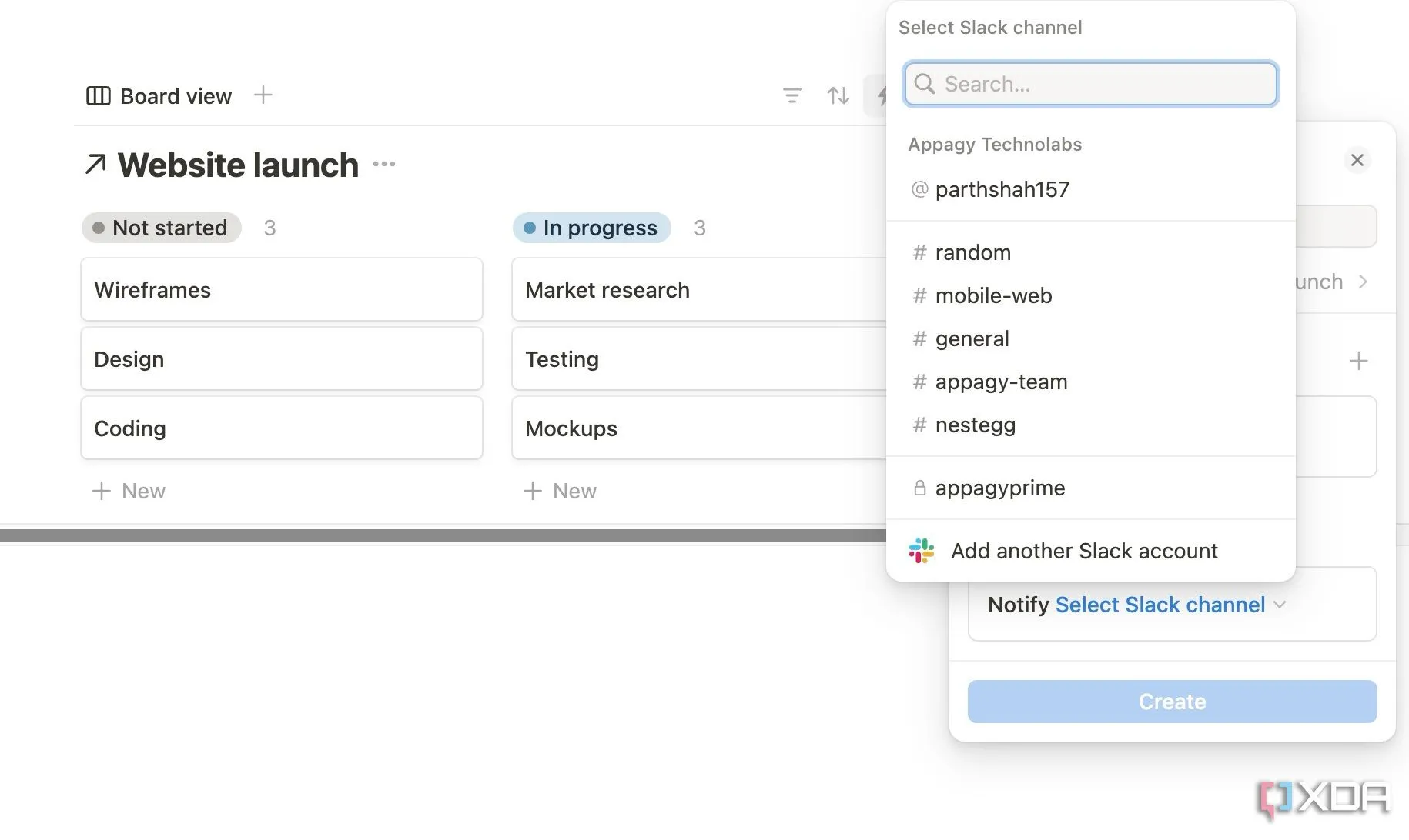 Giao diện Notion khi thiết lập tự động hóa, tích hợp với kênh Slack