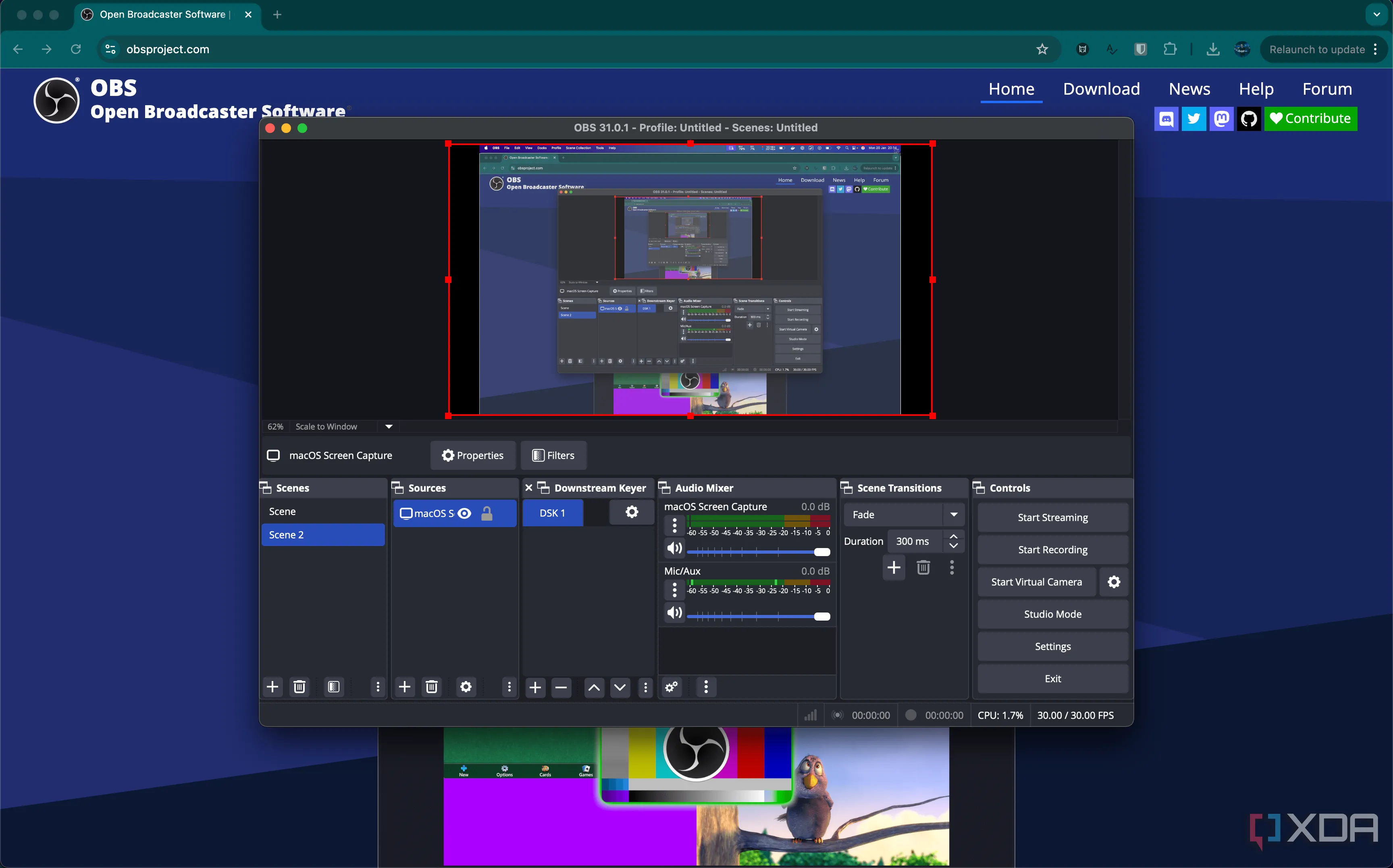 Giao diện OBS Studio với plugin Downstream Keyer, minh họa khả năng tùy biến thông qua plugin